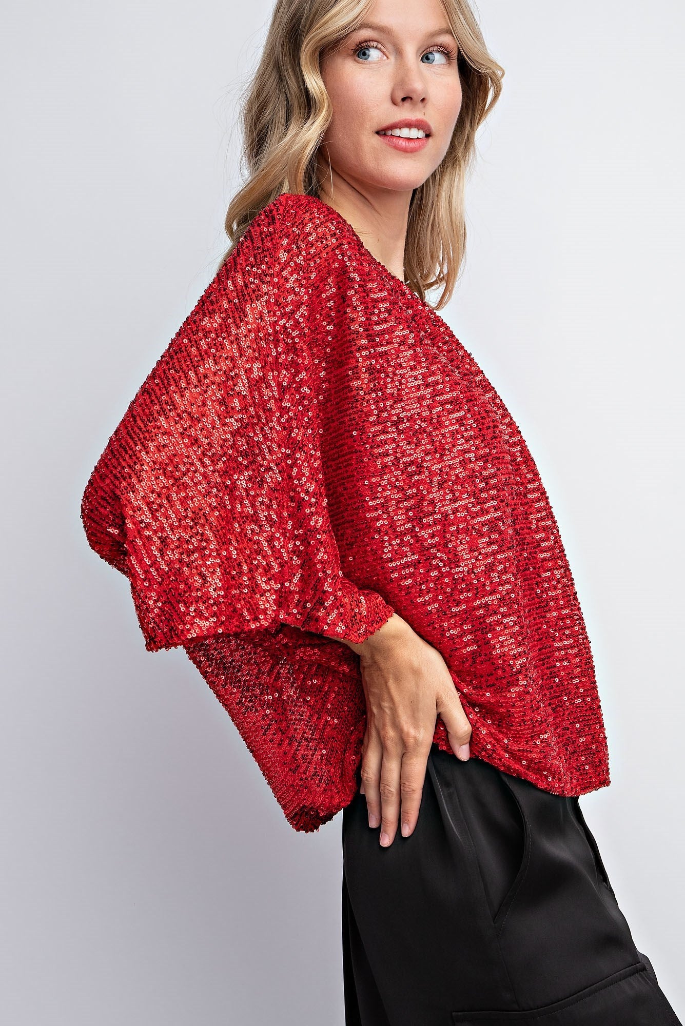 FLUTTER SLEEVE SEQUIN BLOUSE TOP