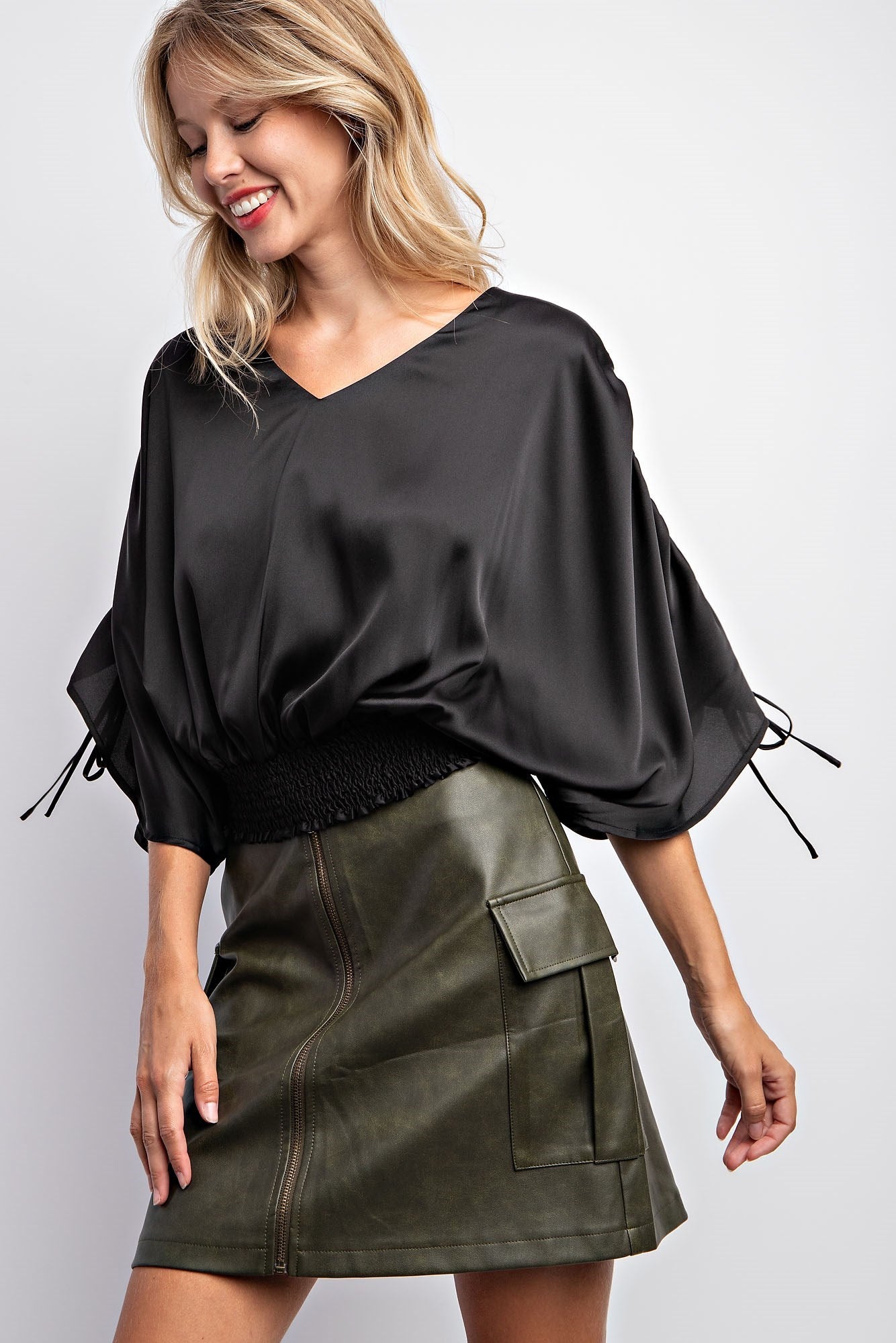 DRAWSTRING SLEEVE SATIN TOP