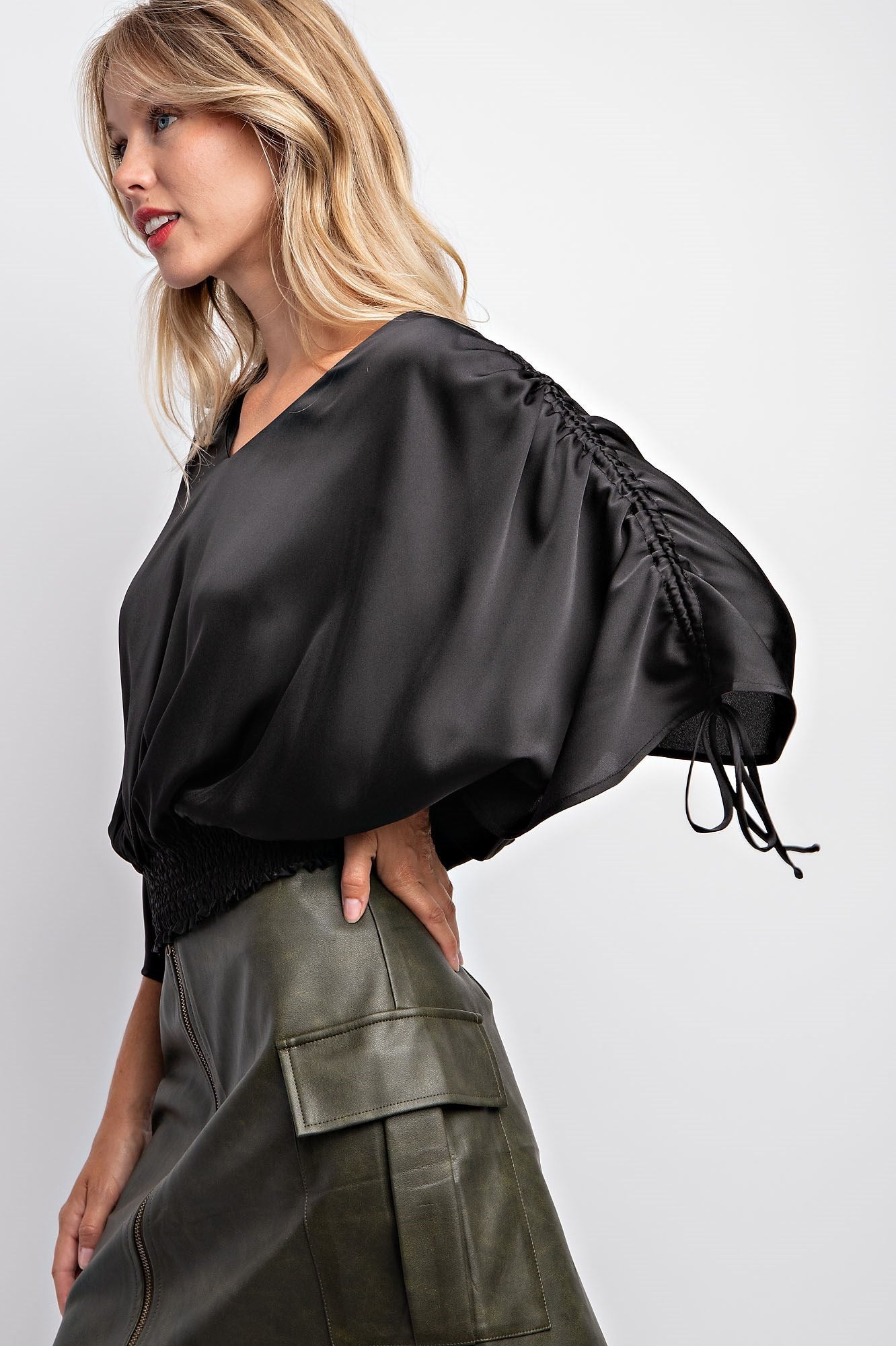 DRAWSTRING SLEEVE SATIN TOP