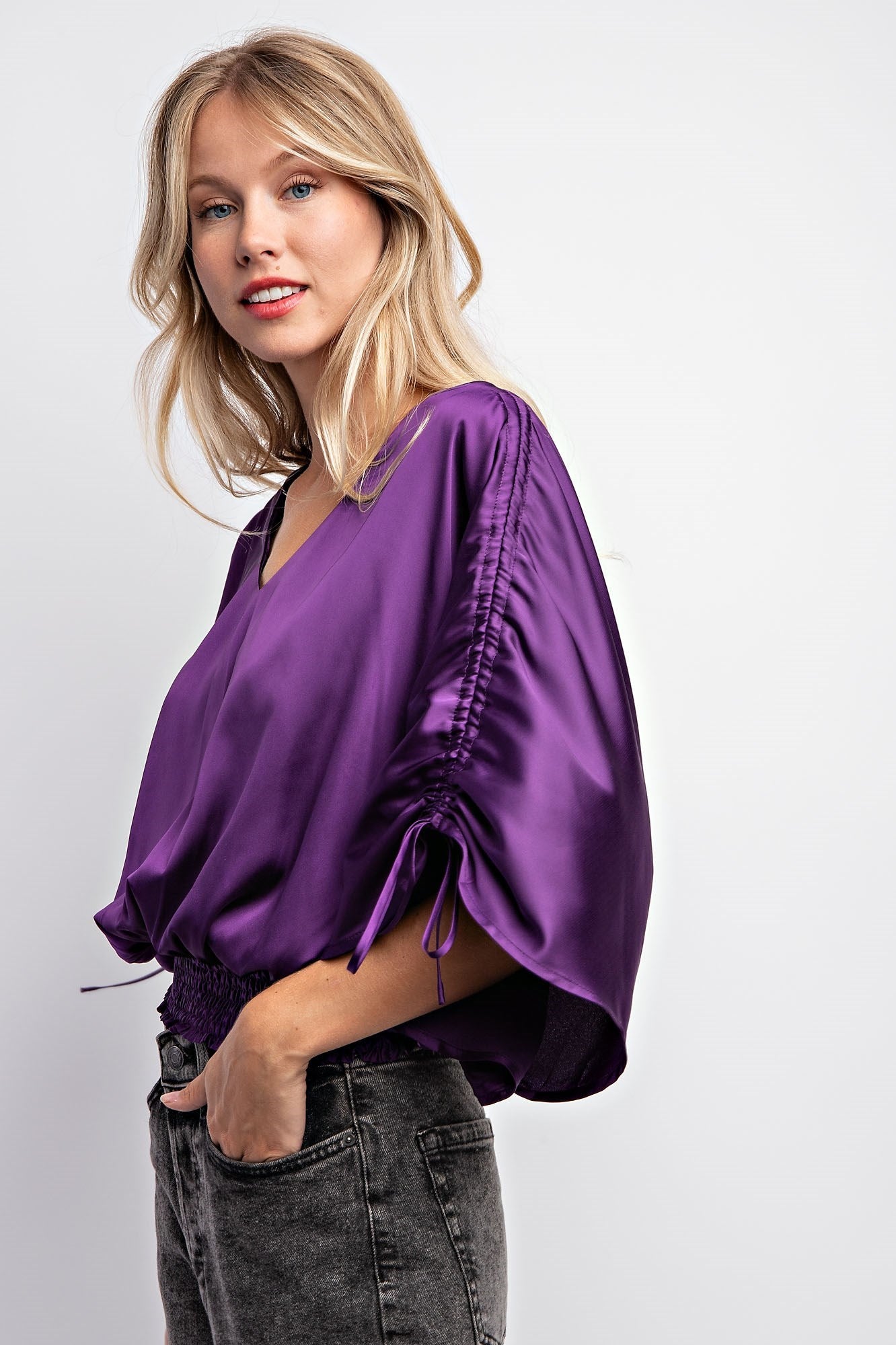 DRAWSTRING SLEEVE SATIN TOP