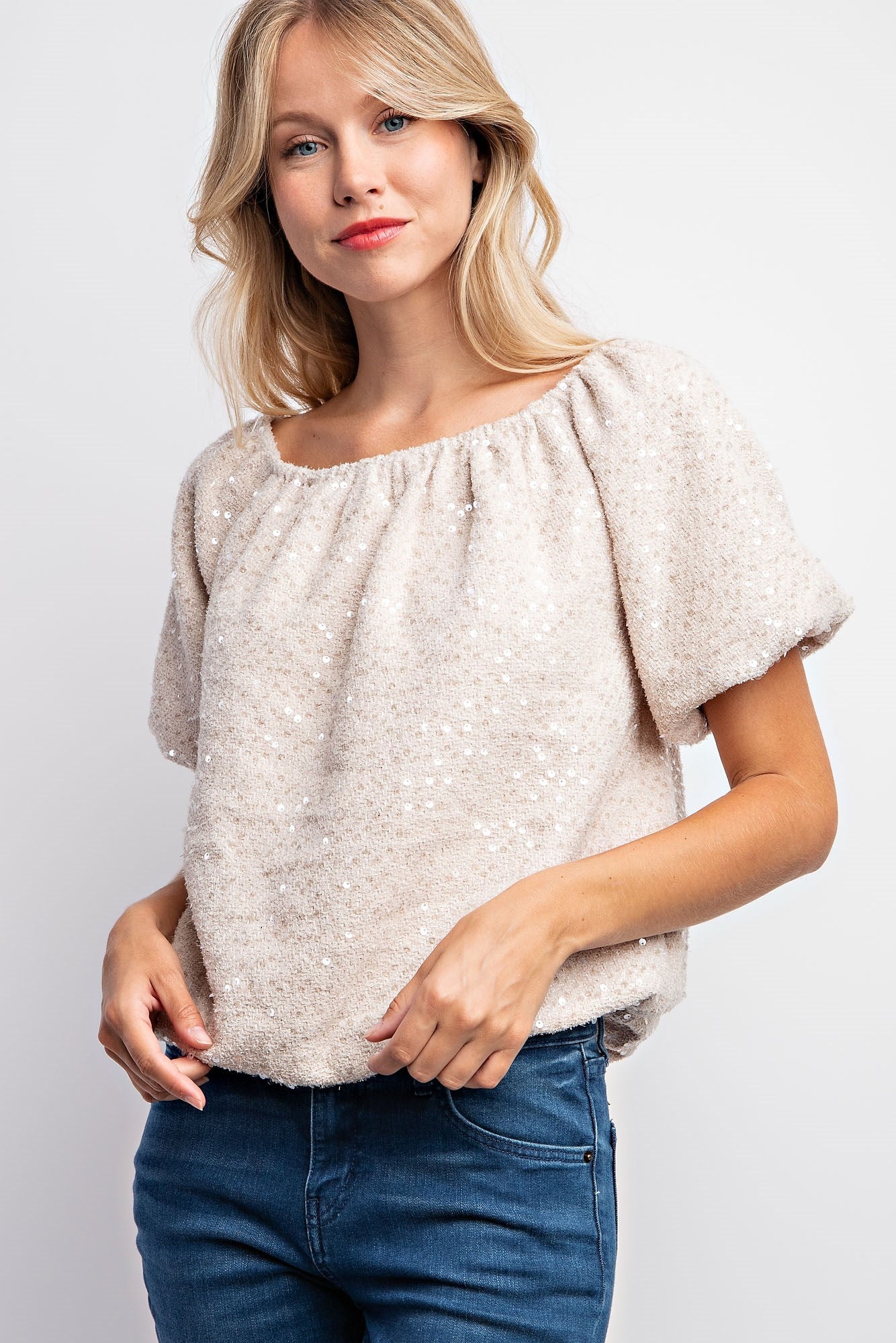 Puff Sleeve Tweed Sequin Top