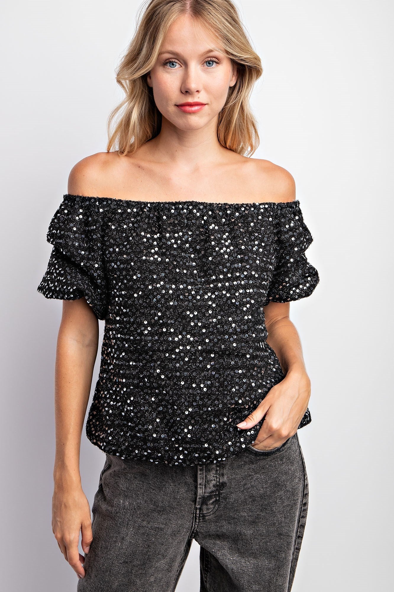Puff Sleeve Tweed Sequin Top