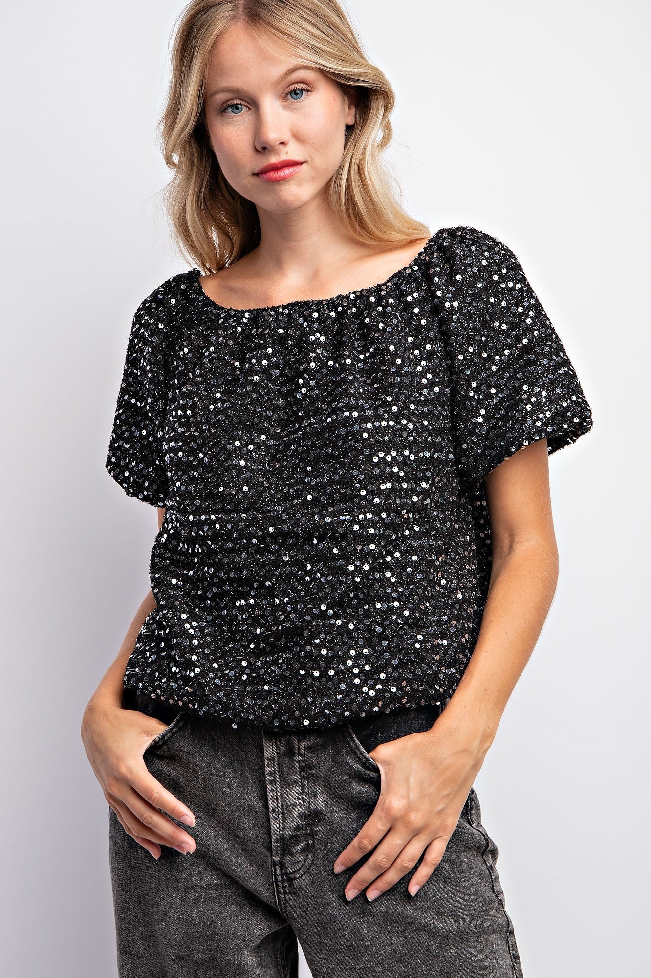 Puff Sleeve Tweed Sequin Top