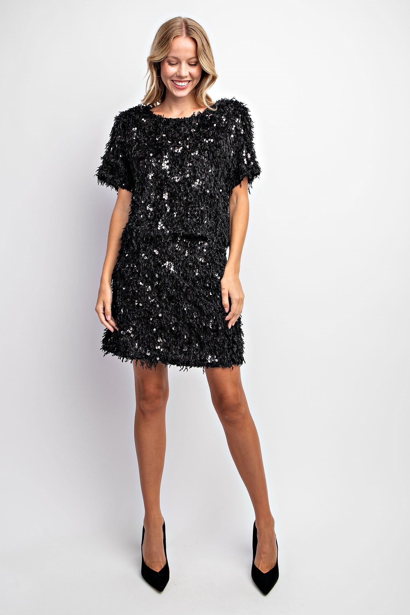 SEQUIN FEATHER BLOUSE & SKIRT