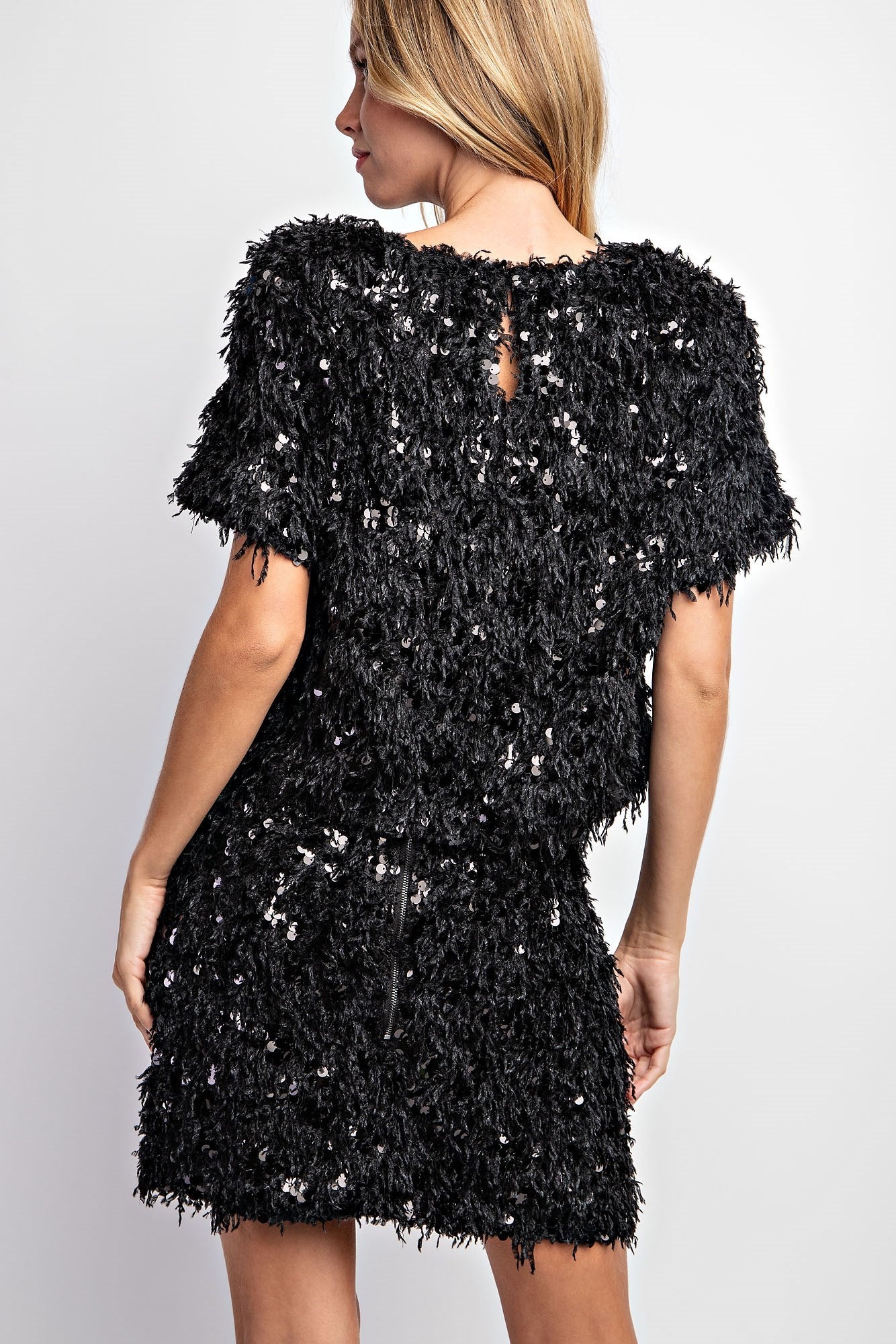 SEQUIN FEATHER BLOUSE & SKIRT
