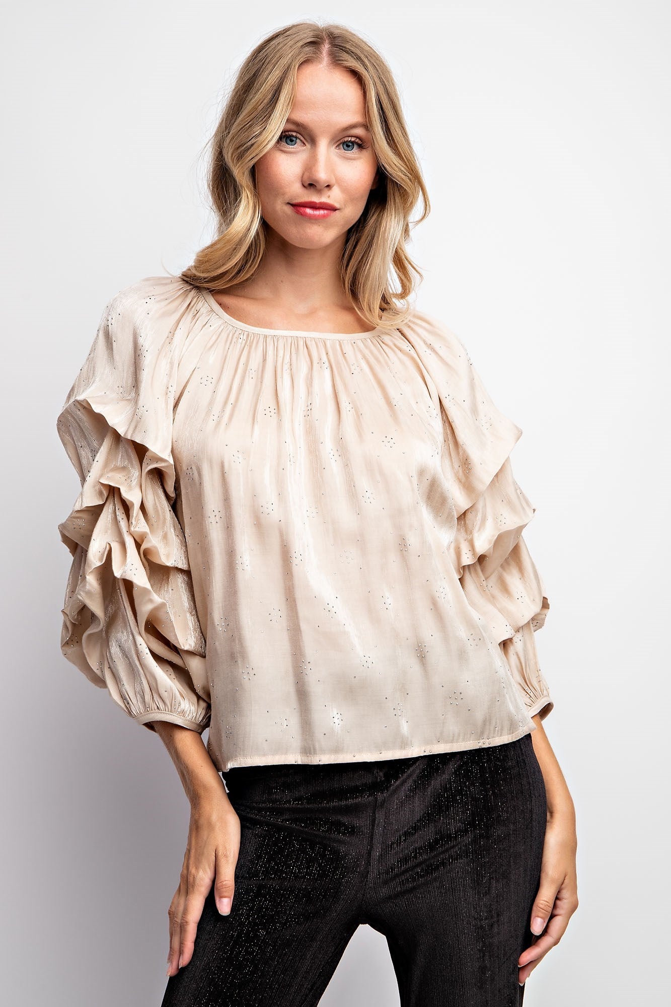 TIERED PUFF SLEEVE SATIN BLOUSE