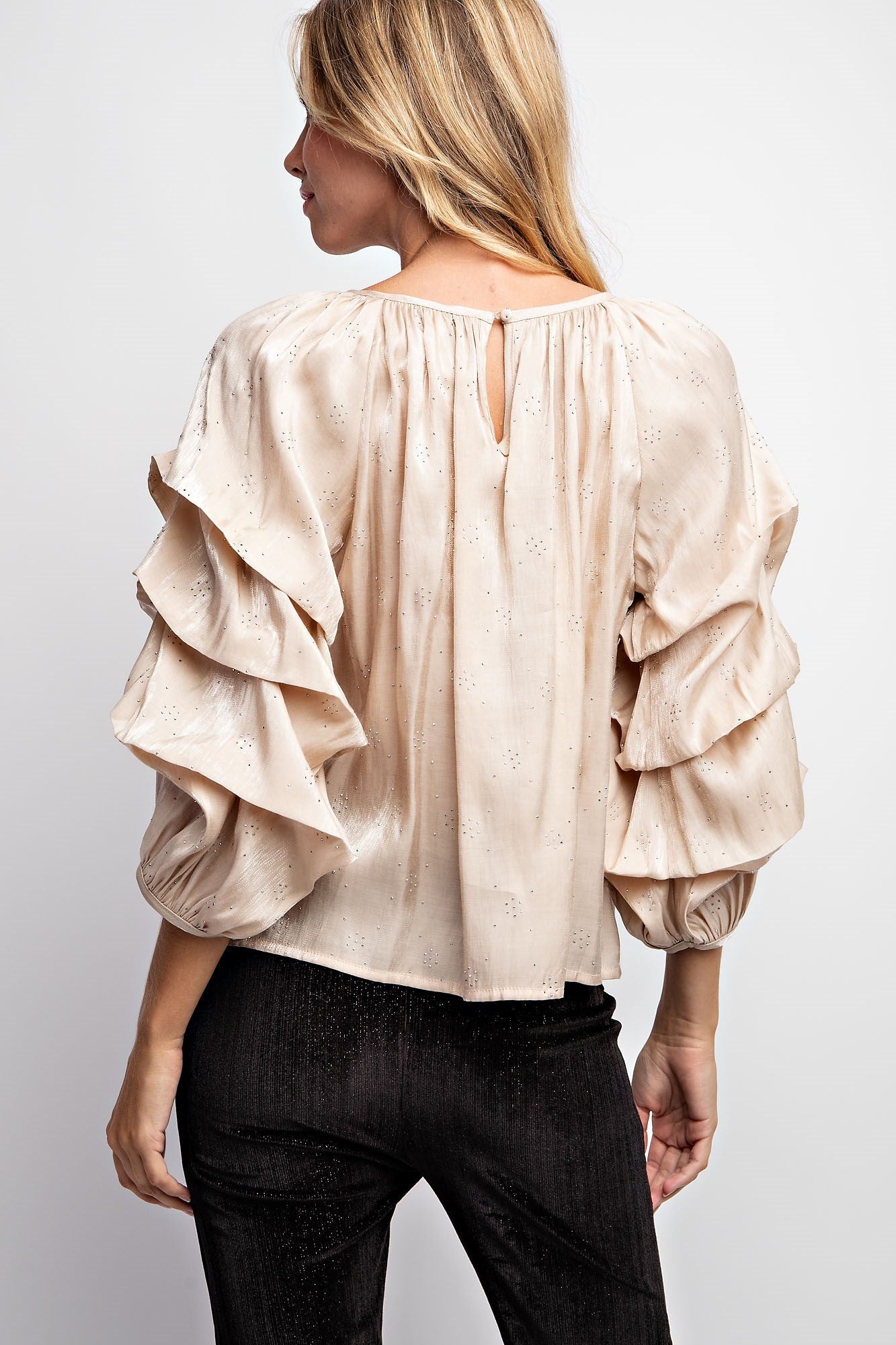 TIERED PUFF SLEEVE SATIN BLOUSE