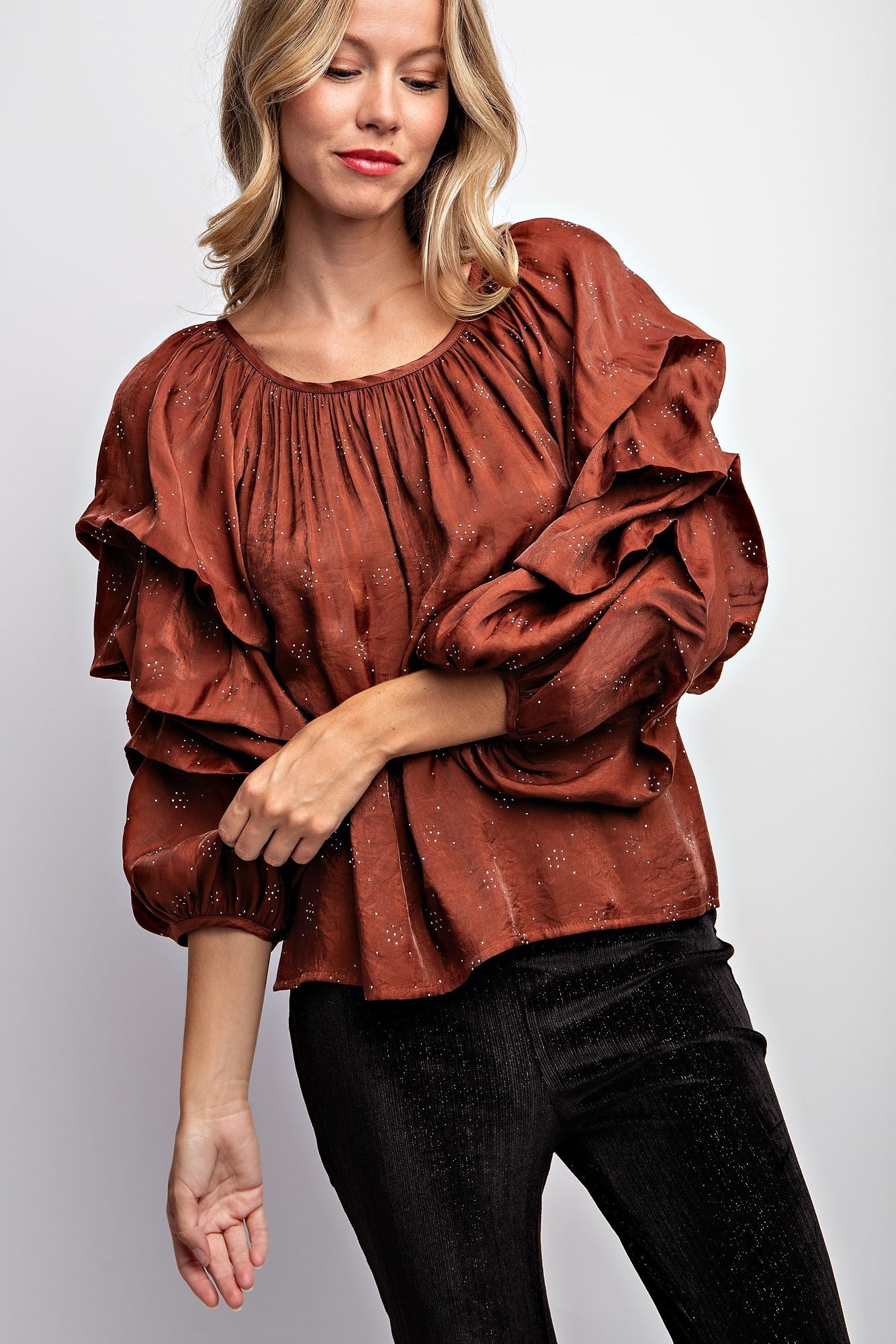 TIERED PUFF SLEEVE SATIN BLOUSE