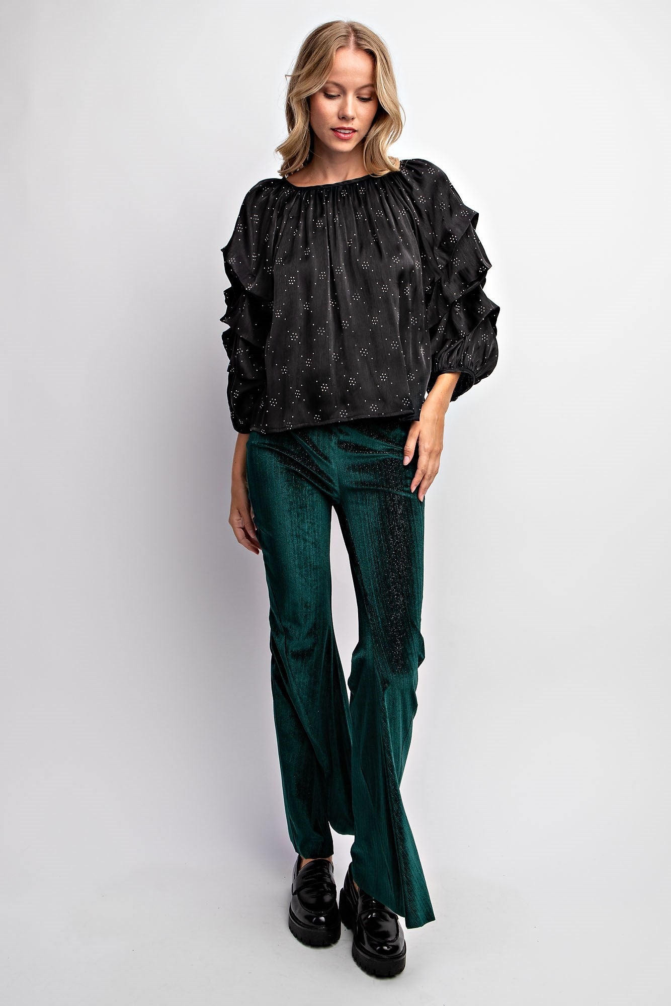 TIERED PUFF SLEEVE SATIN BLOUSE