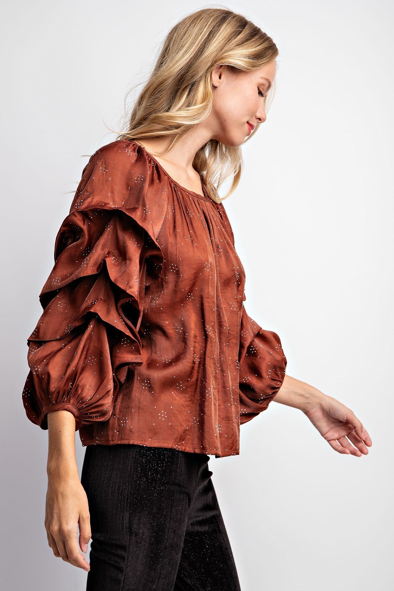 TIERED PUFF SLEEVE SATIN BLOUSE