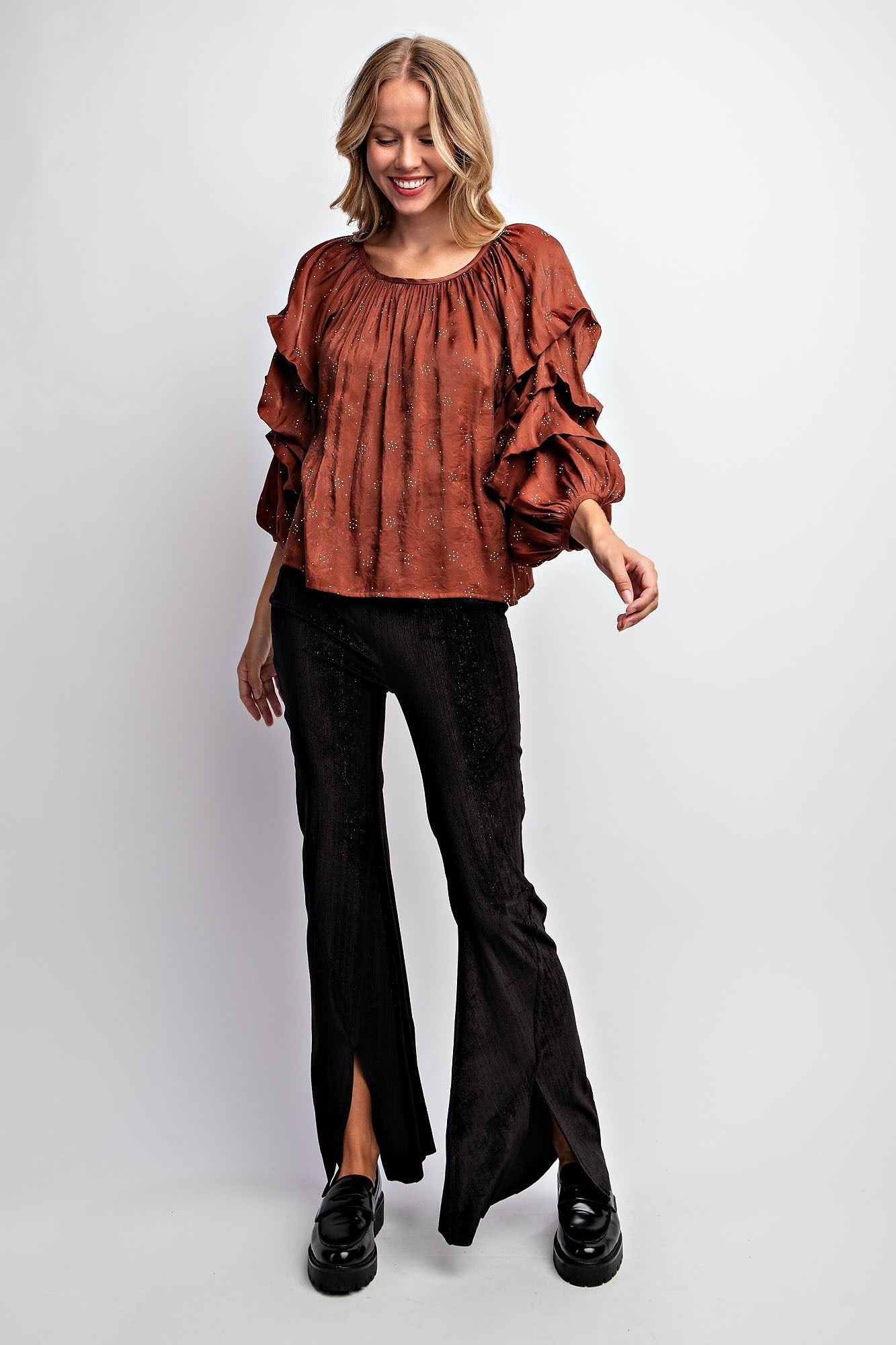 TIERED PUFF SLEEVE SATIN BLOUSE