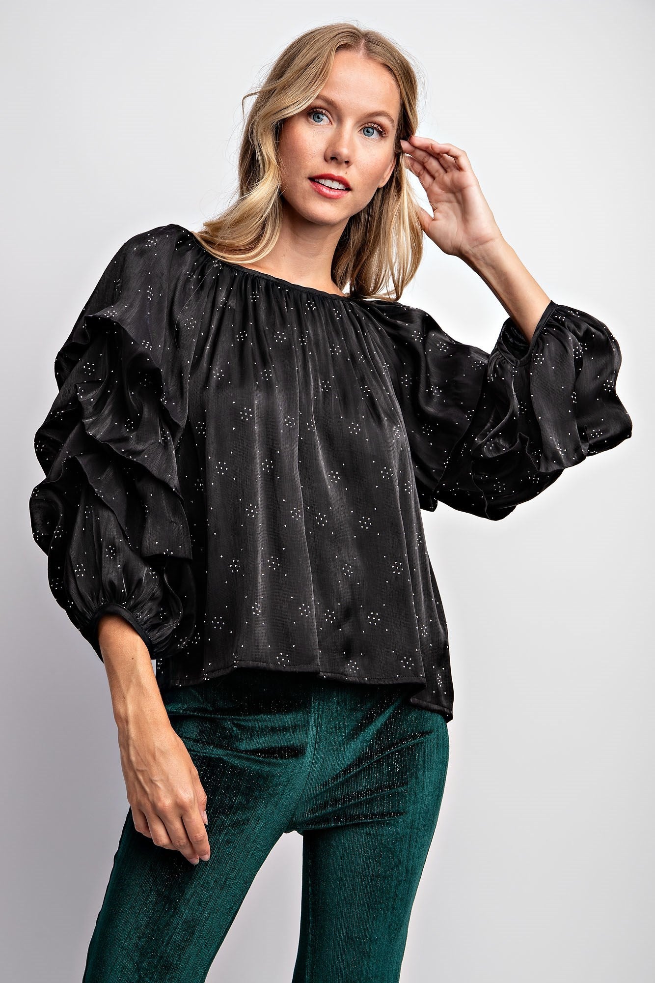 TIERED PUFF SLEEVE SATIN BLOUSE
