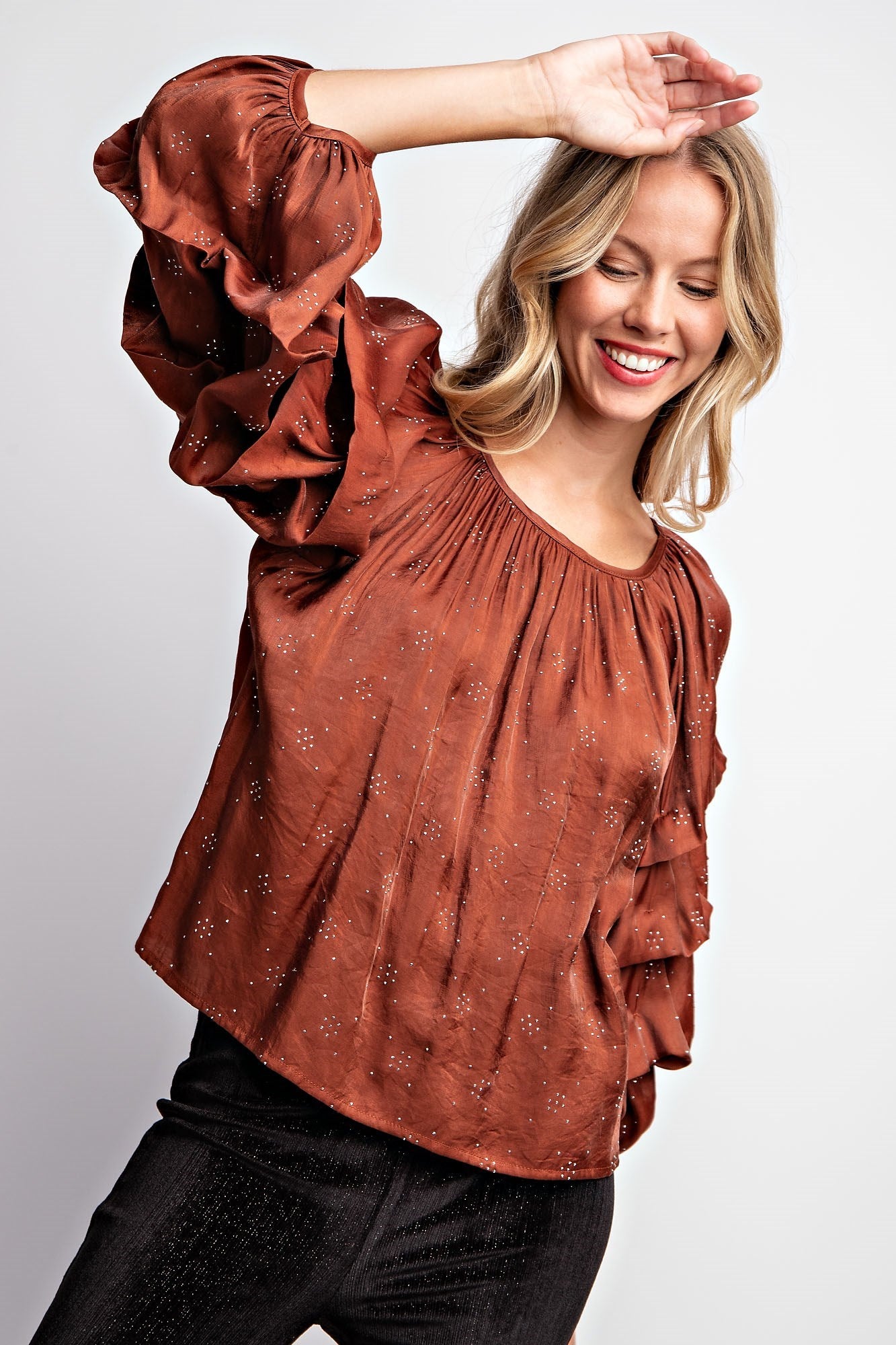 TIERED PUFF SLEEVE SATIN BLOUSE