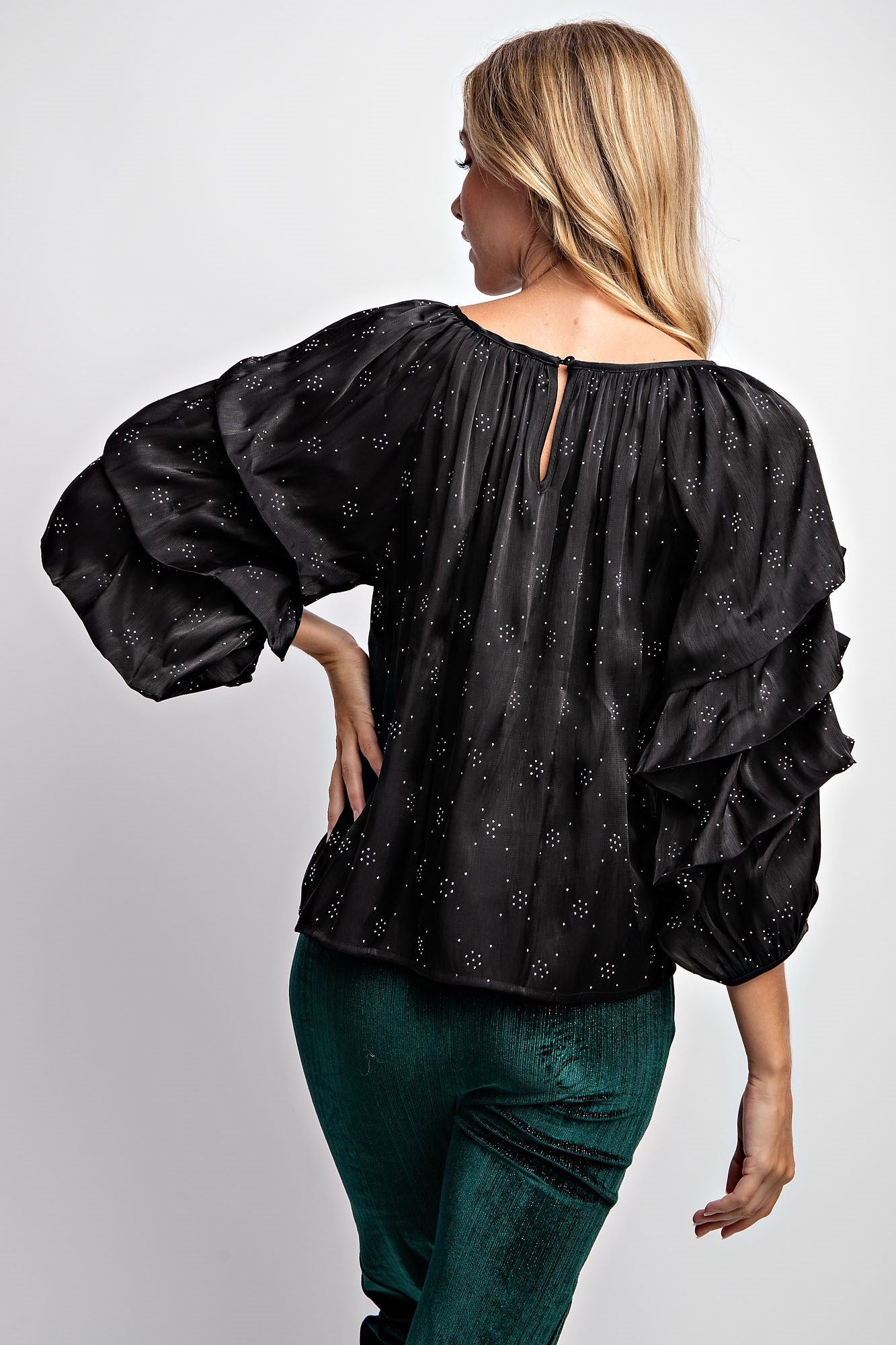 TIERED PUFF SLEEVE SATIN BLOUSE