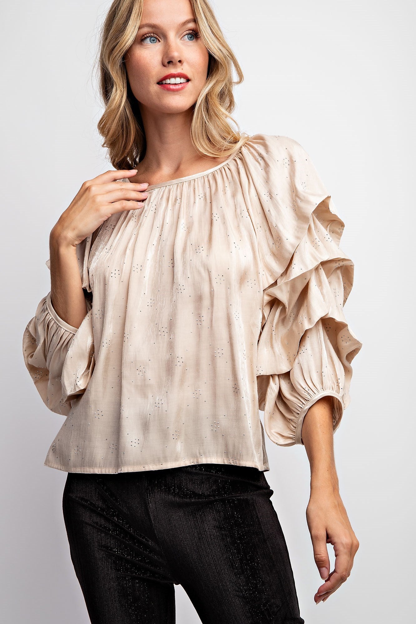 TIERED PUFF SLEEVE SATIN BLOUSE