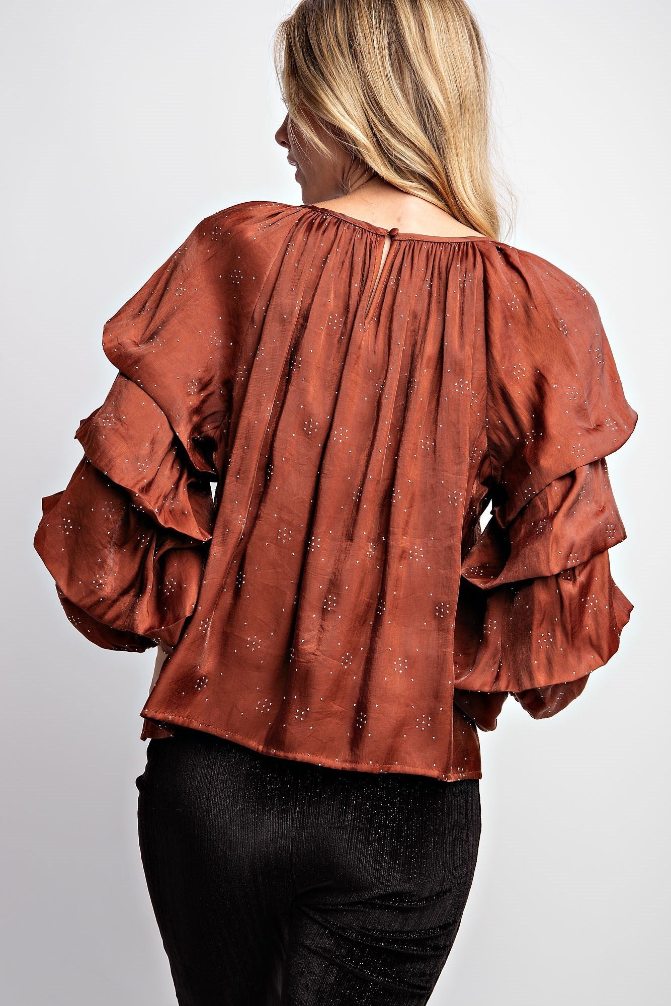 TIERED PUFF SLEEVE SATIN BLOUSE