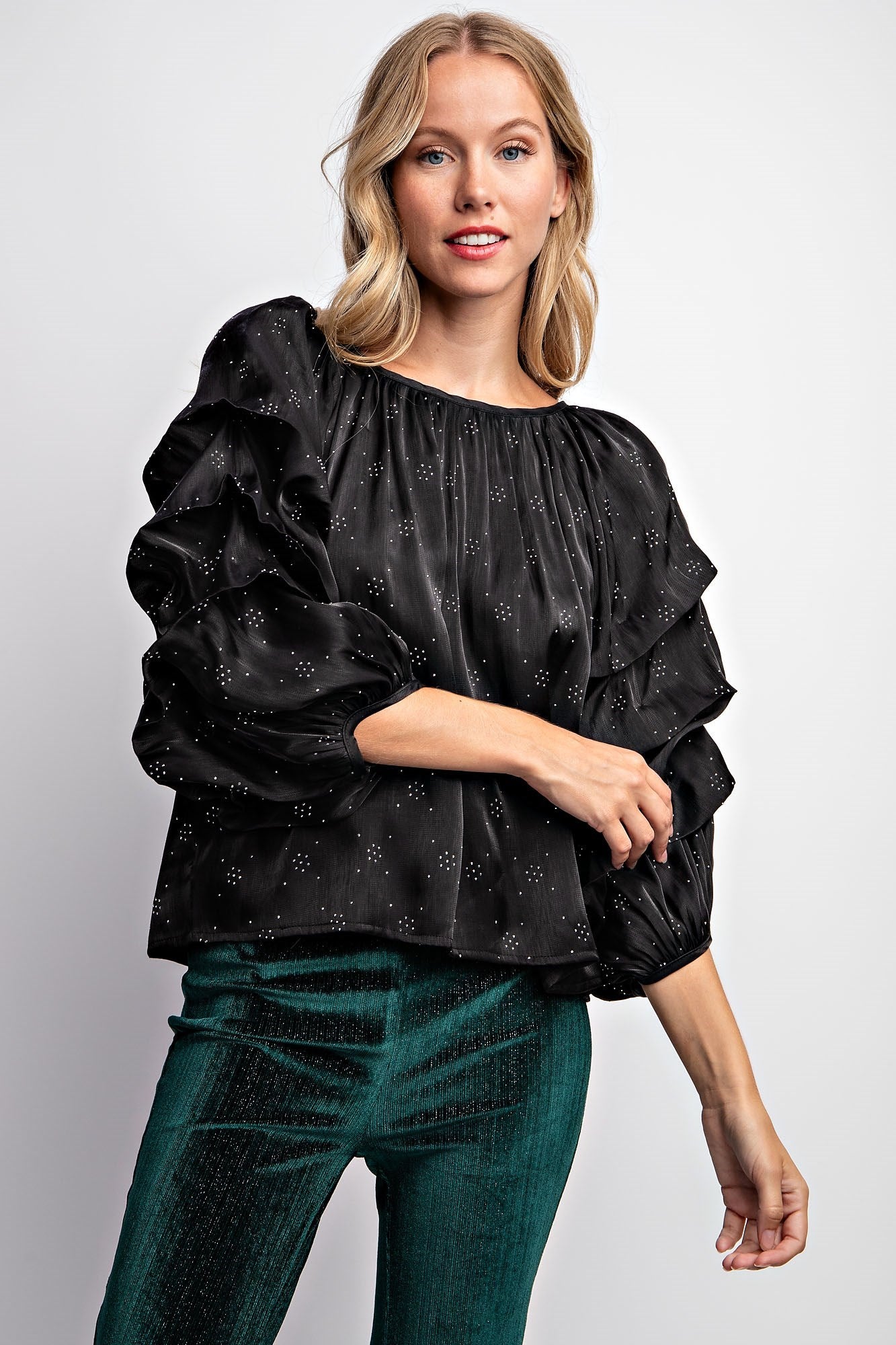 TIERED PUFF SLEEVE SATIN BLOUSE
