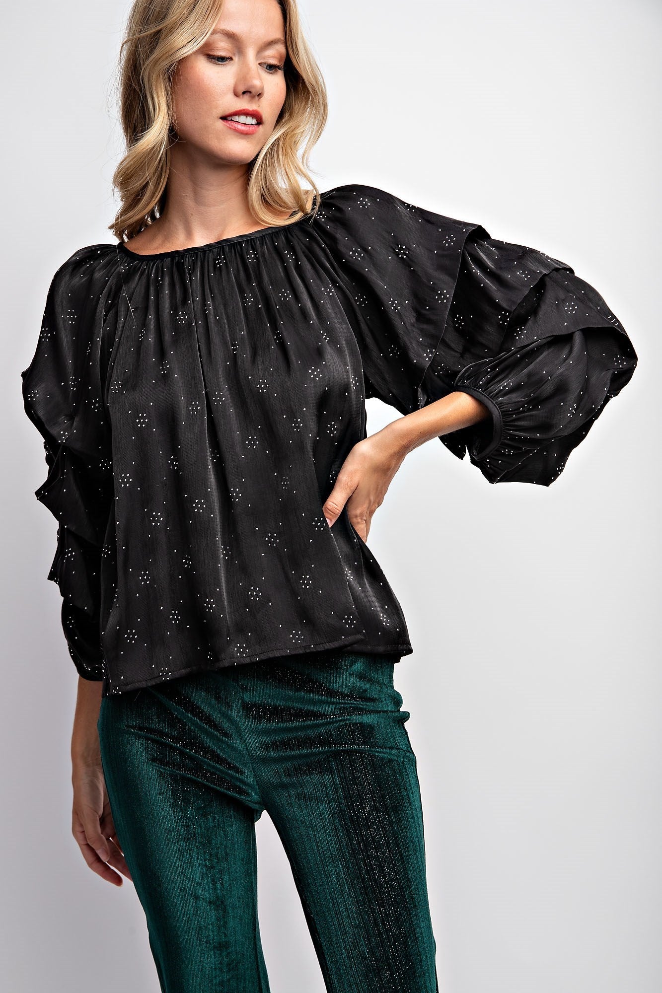 TIERED PUFF SLEEVE SATIN BLOUSE