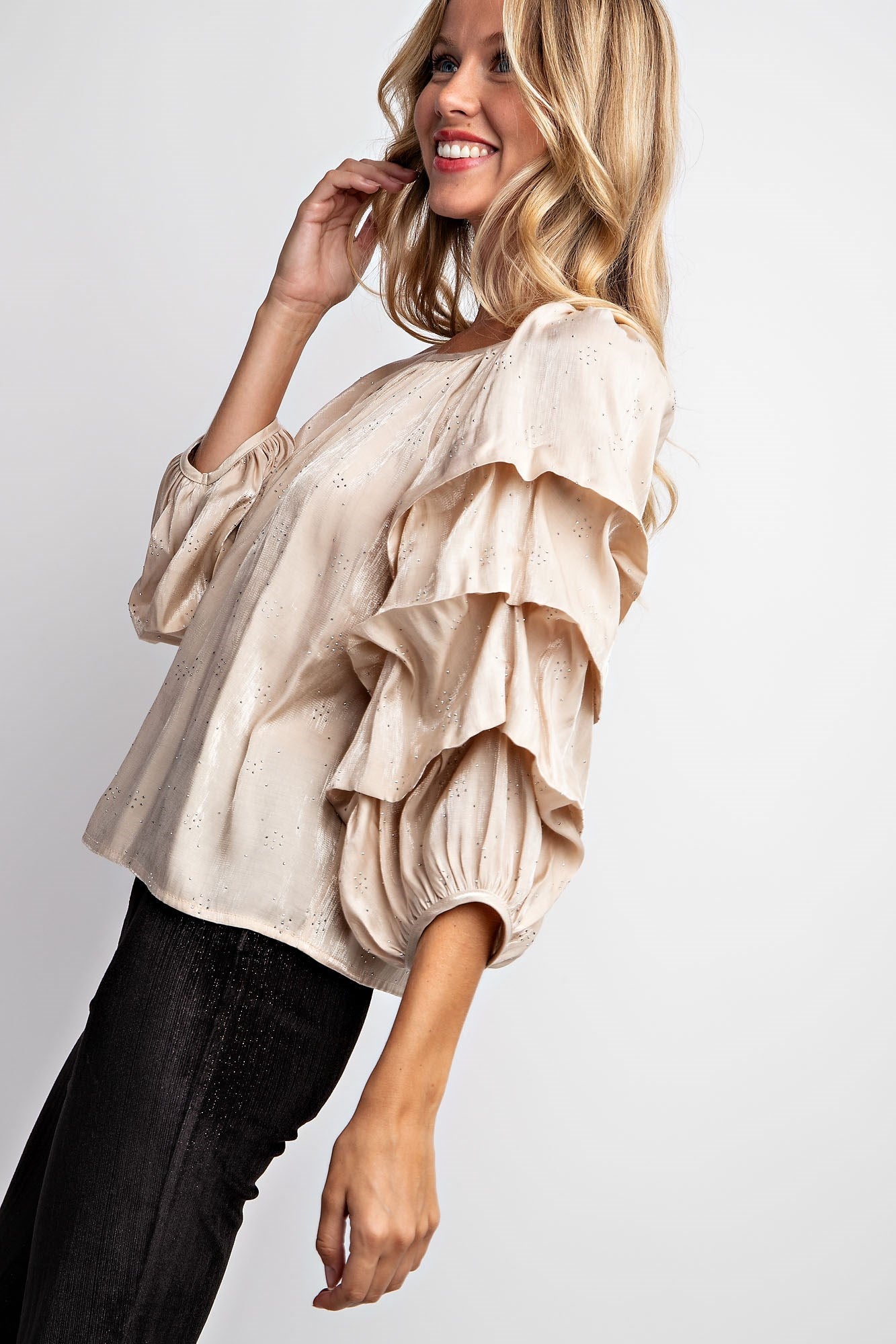 TIERED PUFF SLEEVE SATIN BLOUSE