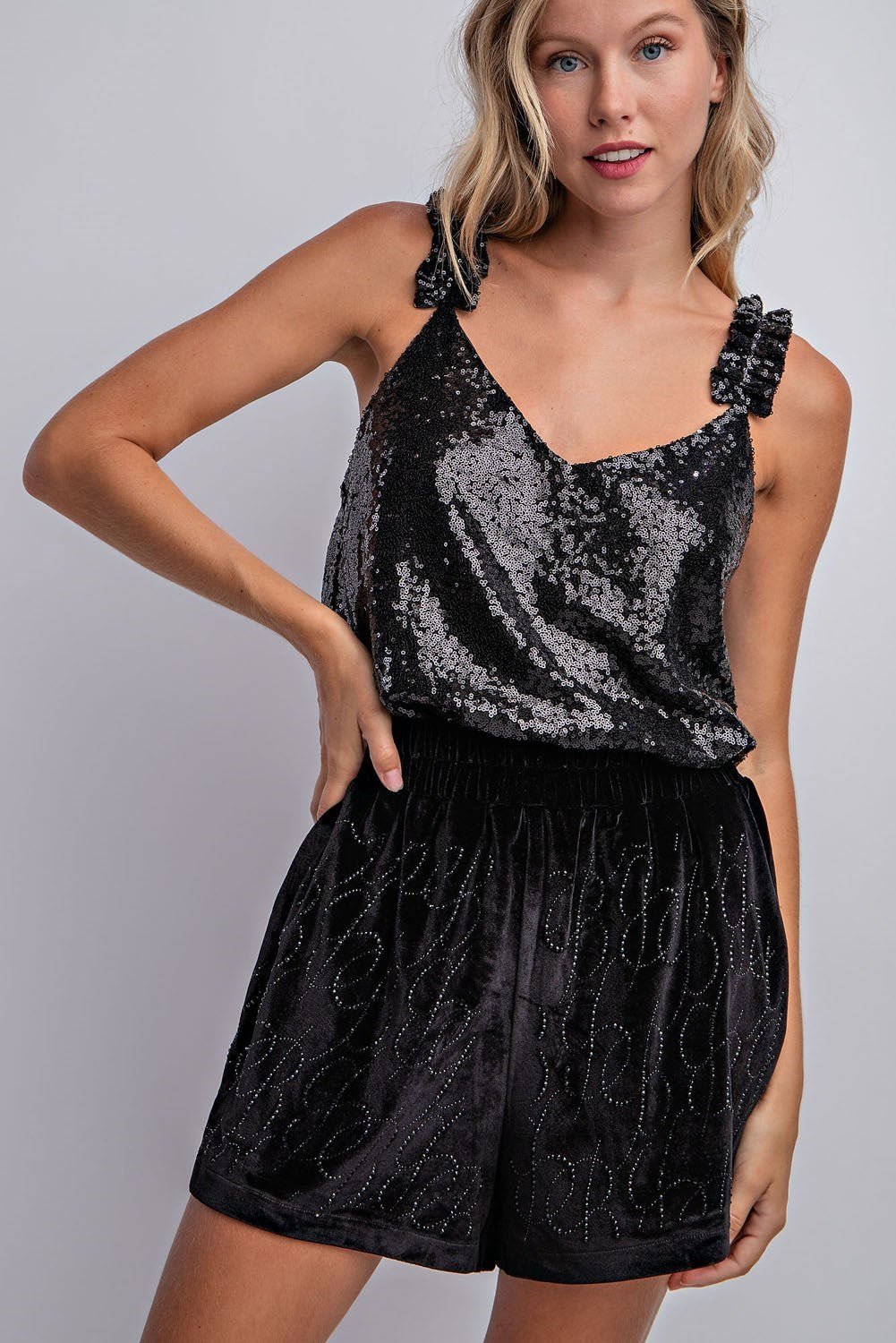 RHINESTONE LETTER PATTERN VELVET SHORS