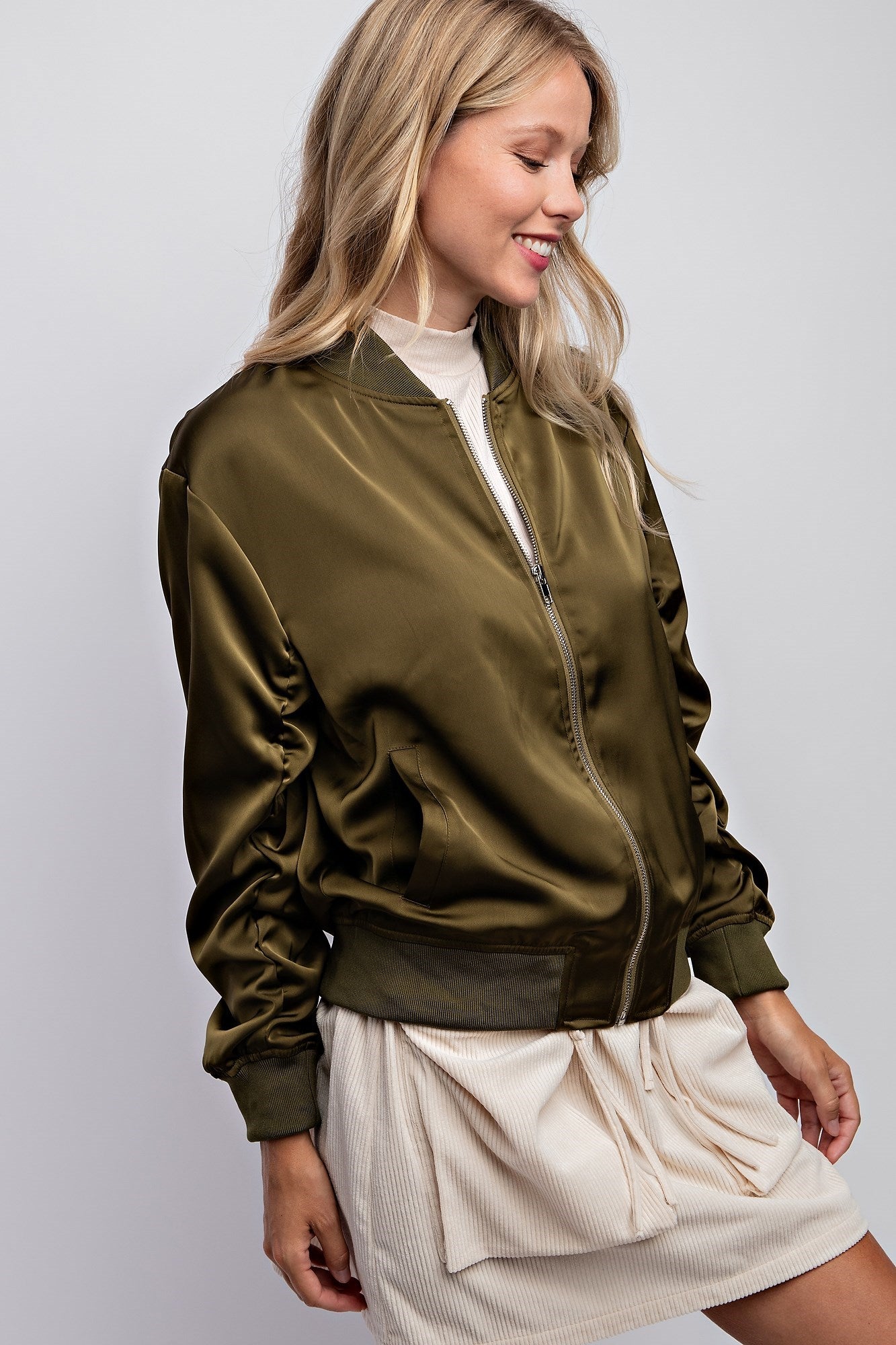 SHIRRED SLEEVE BOMBER JACKET