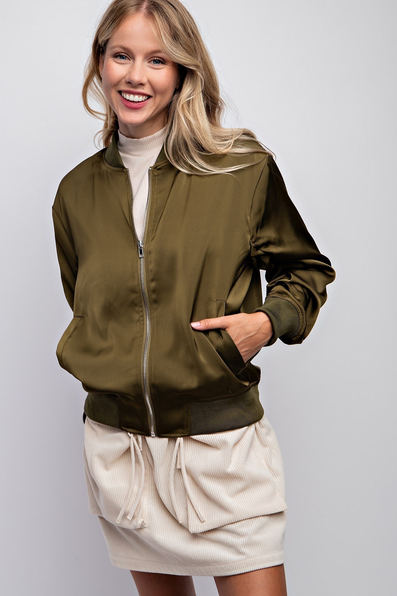 SHIRRED SLEEVE BOMBER JACKET