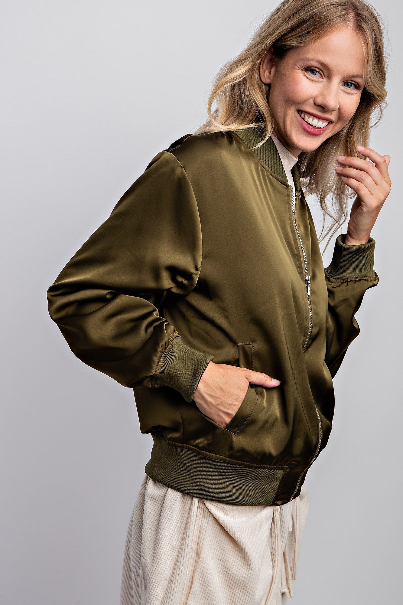 SHIRRED SLEEVE BOMBER JACKET