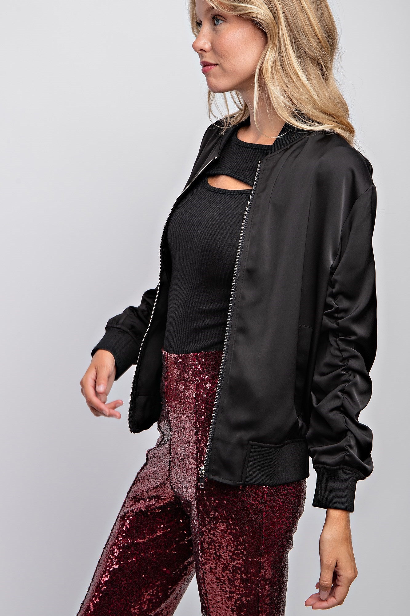 SHIRRED SLEEVE BOMBER JACKET