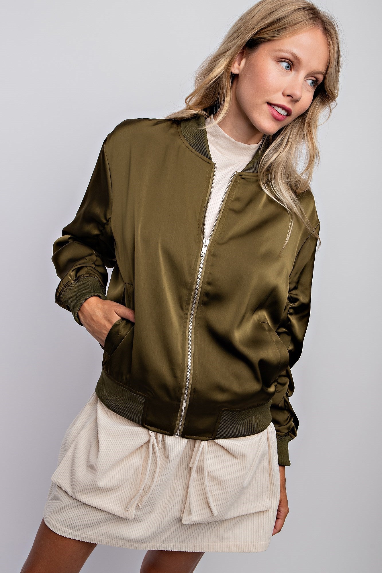 SHIRRED SLEEVE BOMBER JACKET