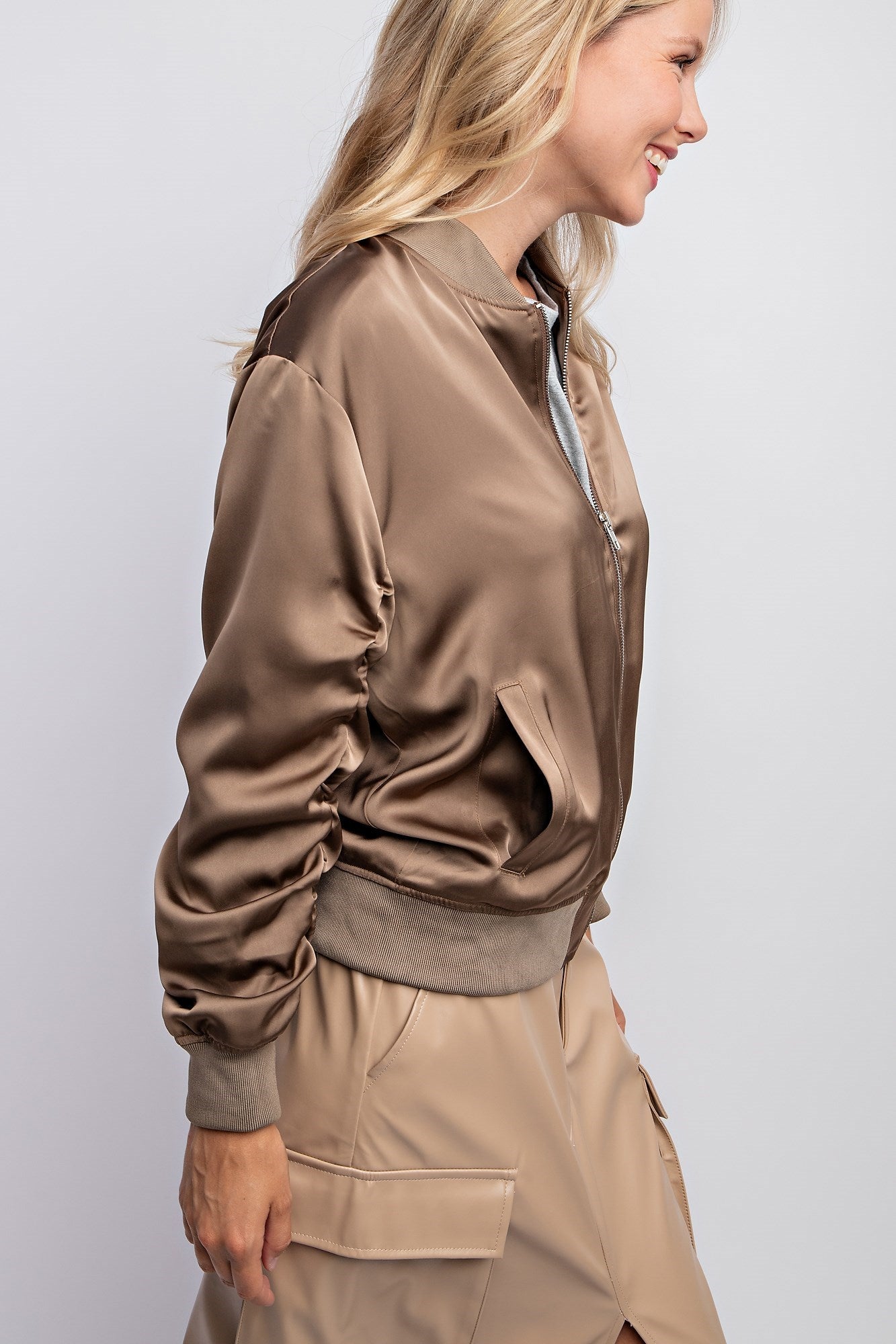 SHIRRED SLEEVE BOMBER JACKET