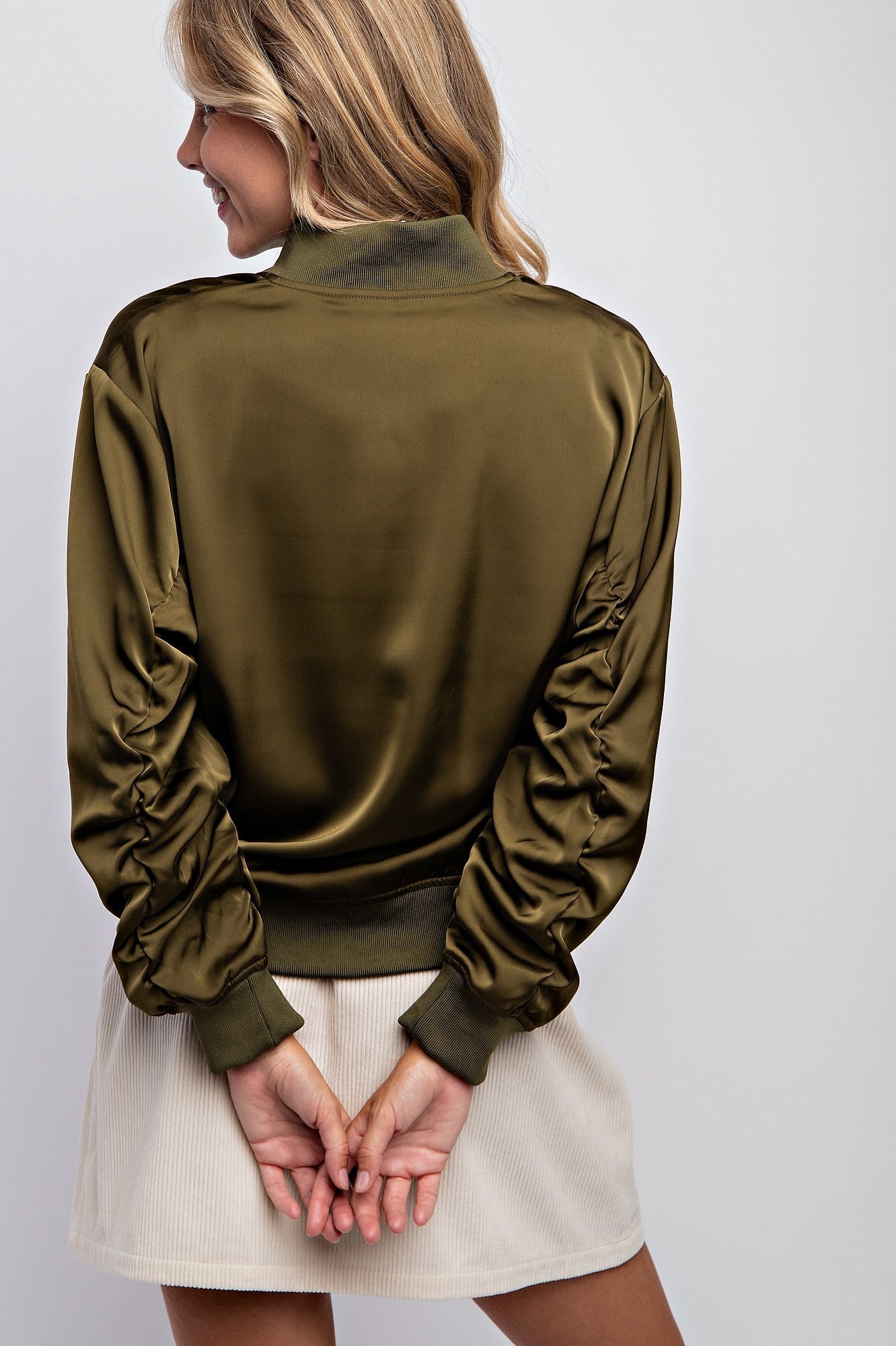 SHIRRED SLEEVE BOMBER JACKET