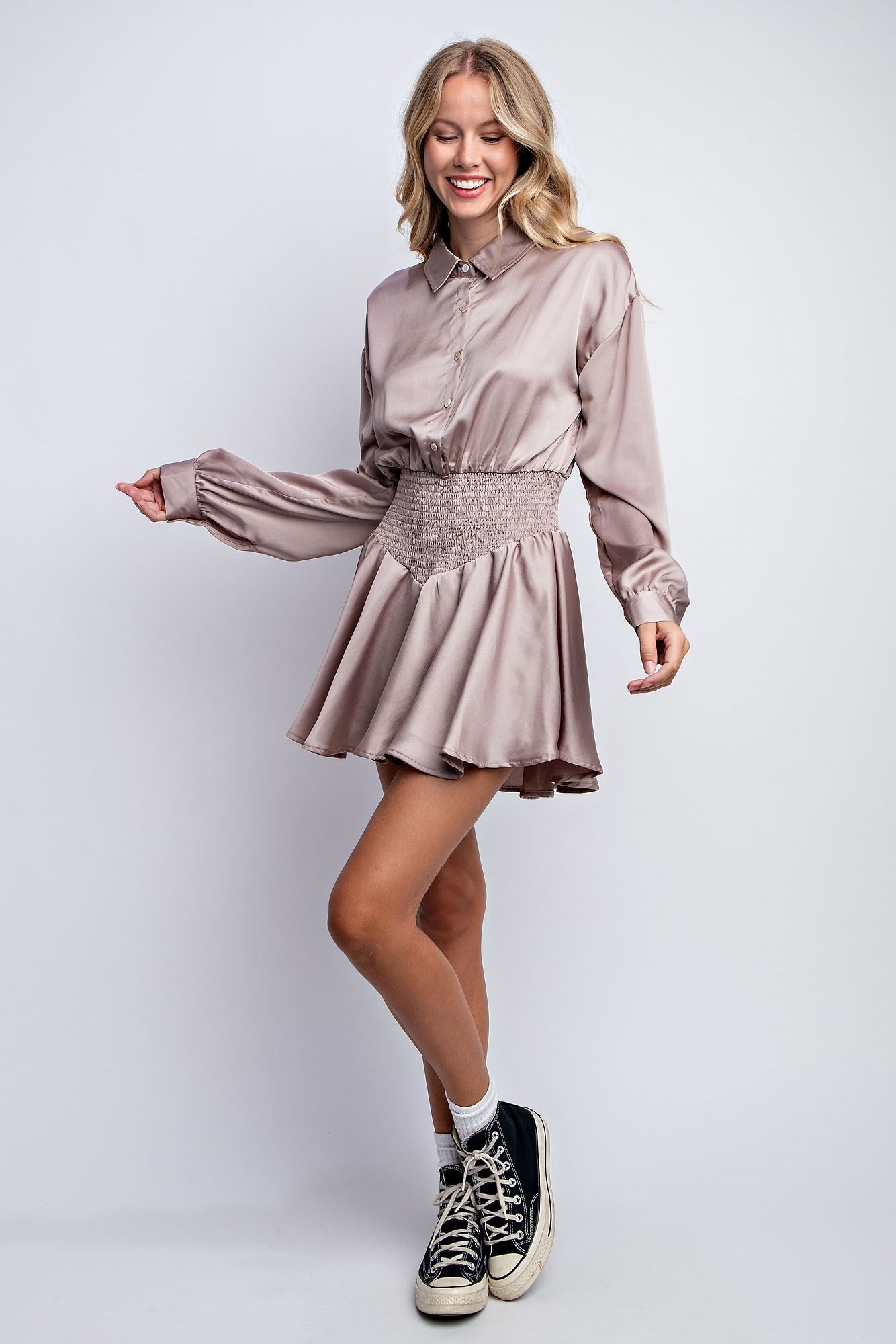 SMOCKED FLOWY SHIRT ROMPER