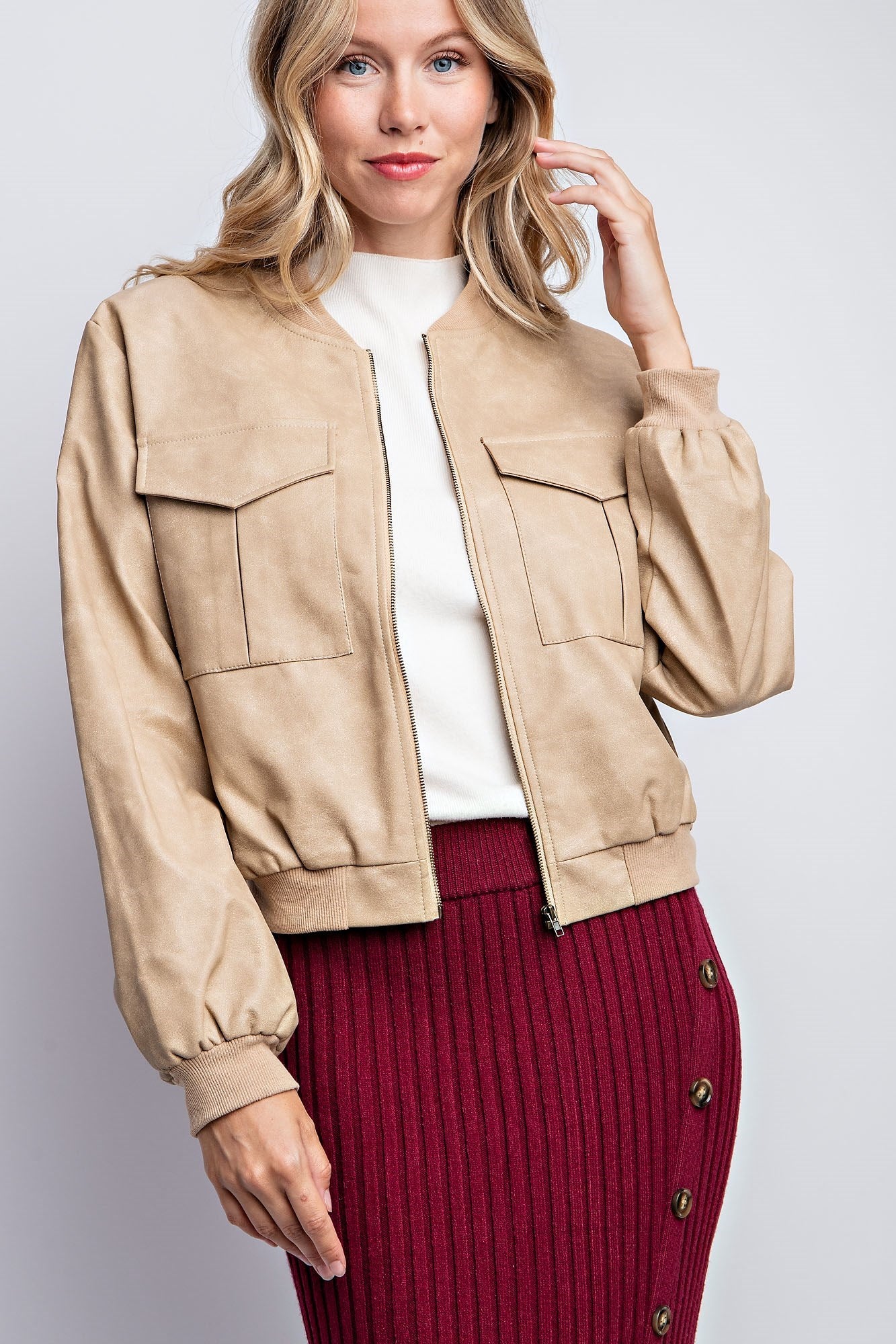 WASHED VEGAN LEATHER BOMBER JACKET