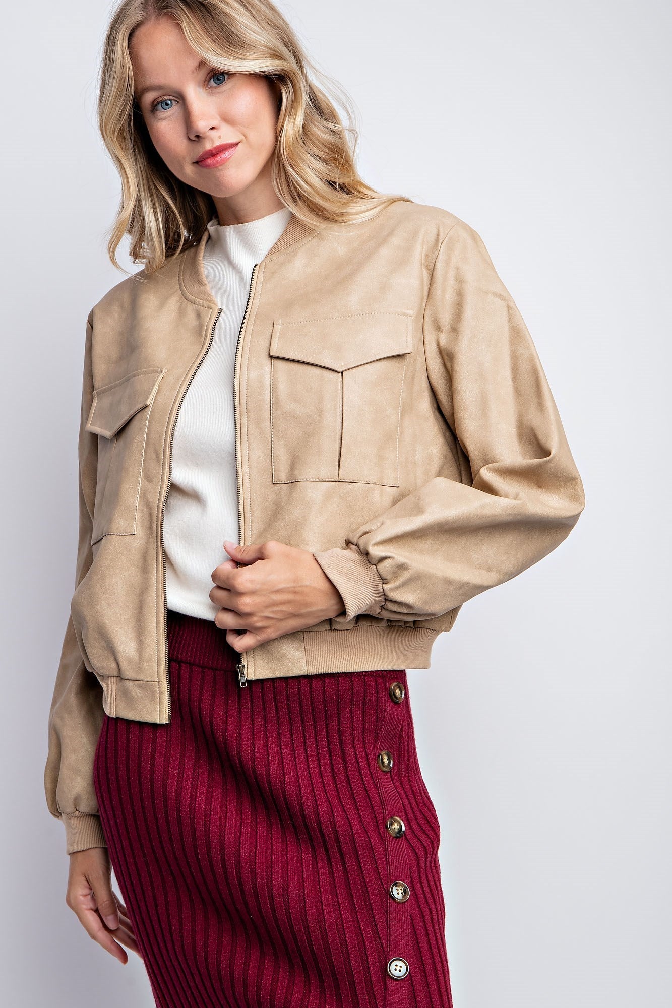 WASHED VEGAN LEATHER BOMBER JACKET