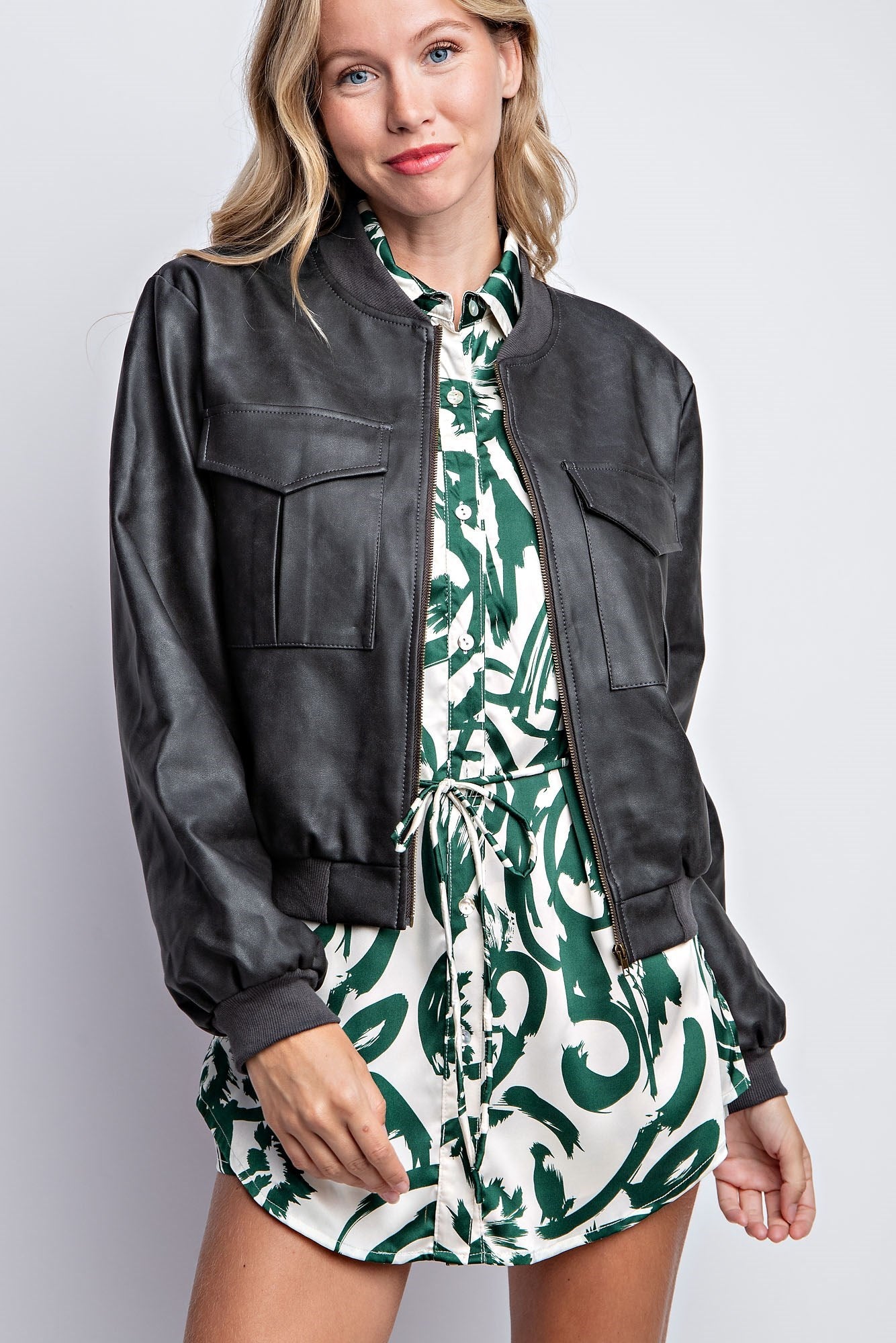 WASHED VEGAN LEATHER BOMBER JACKET