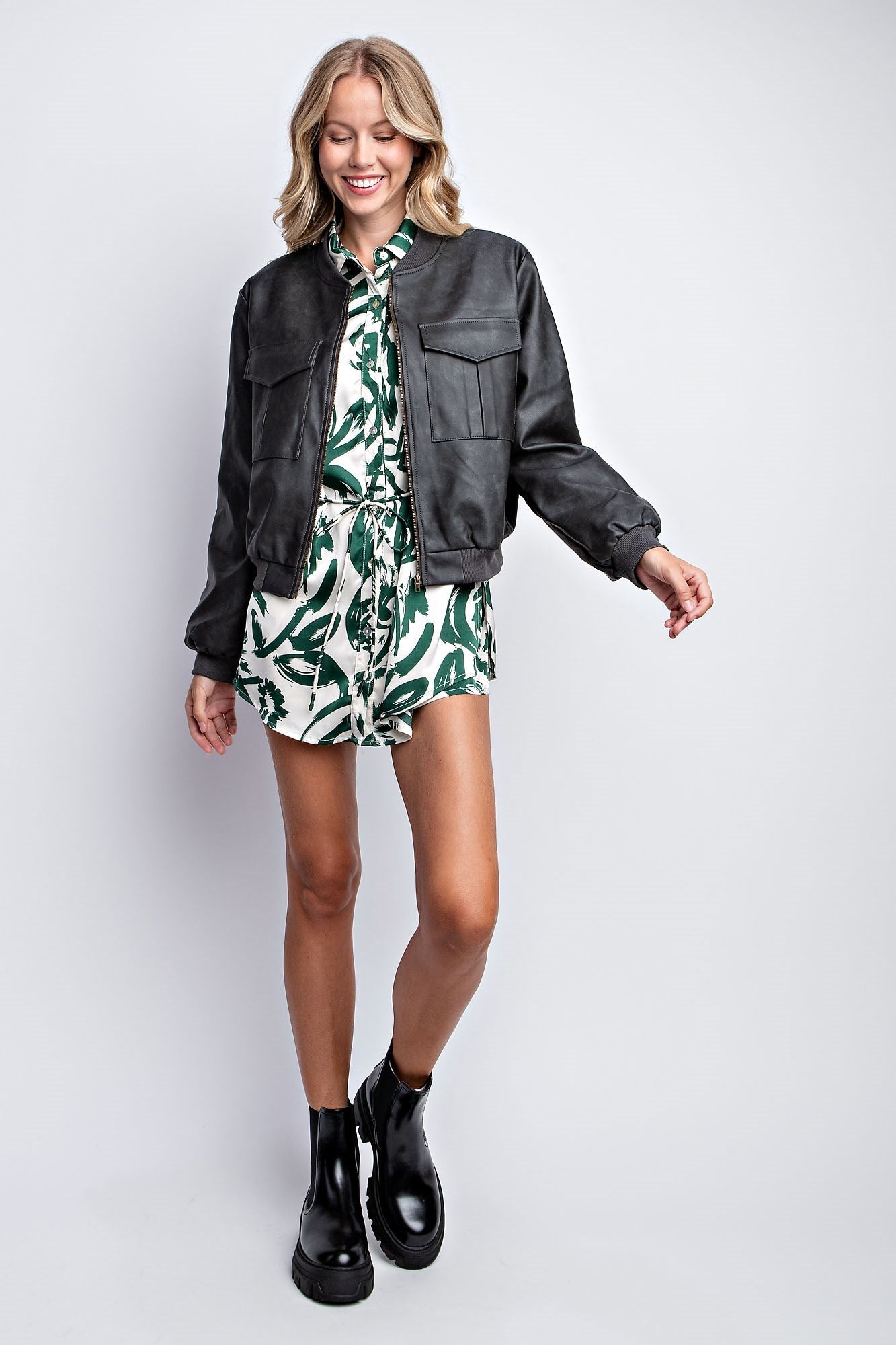 WASHED VEGAN LEATHER BOMBER JACKET