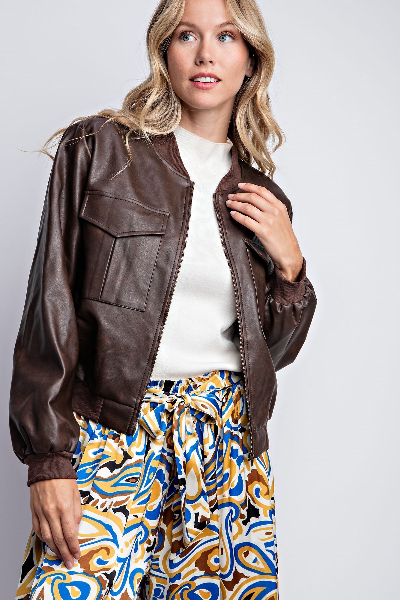 WASHED VEGAN LEATHER BOMBER JACKET