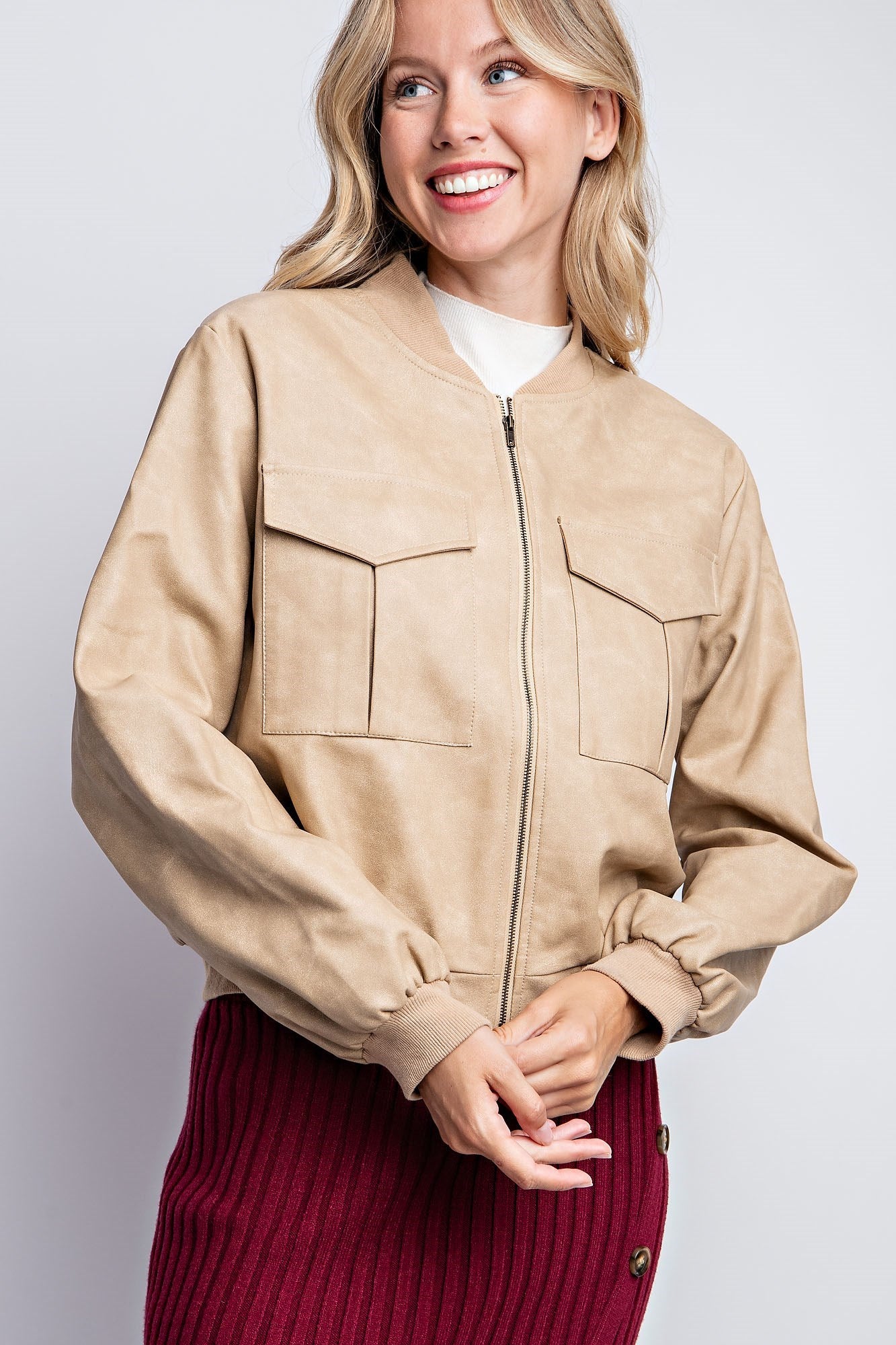 WASHED VEGAN LEATHER BOMBER JACKET