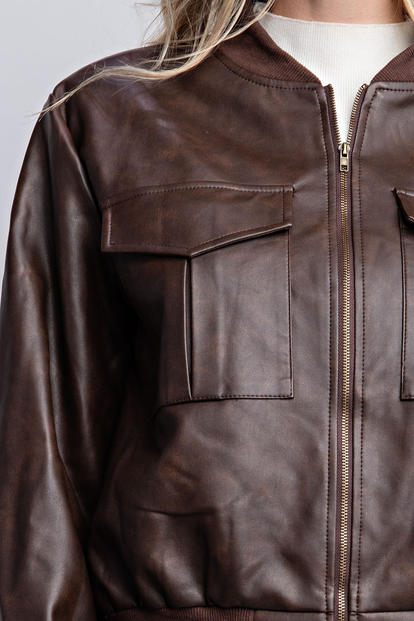 WASHED VEGAN LEATHER BOMBER JACKET
