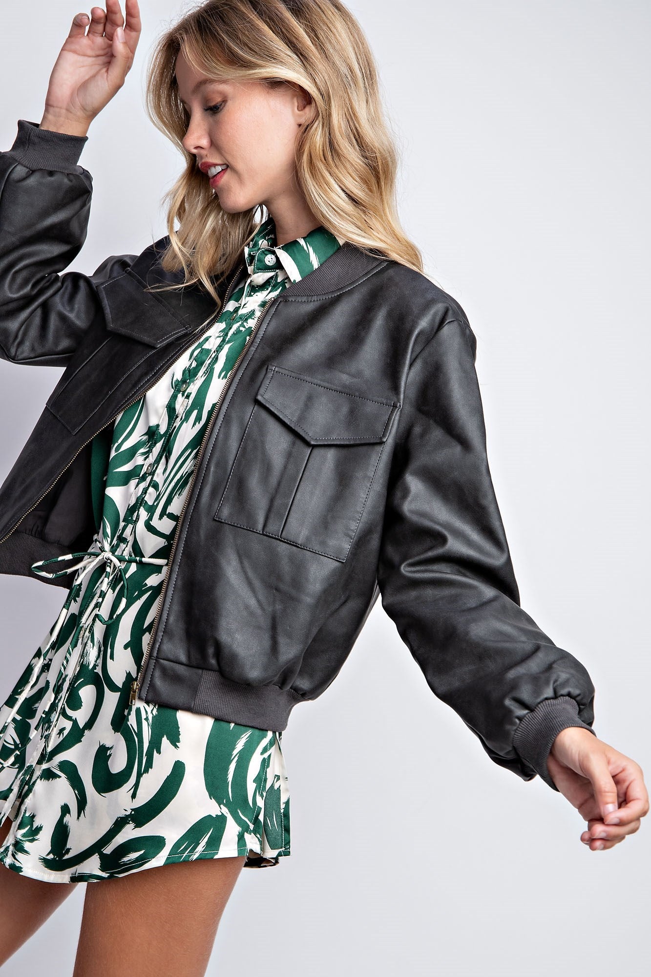 WASHED VEGAN LEATHER BOMBER JACKET