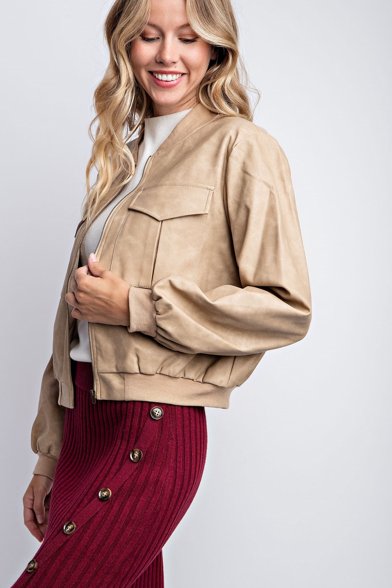 WASHED VEGAN LEATHER BOMBER JACKET