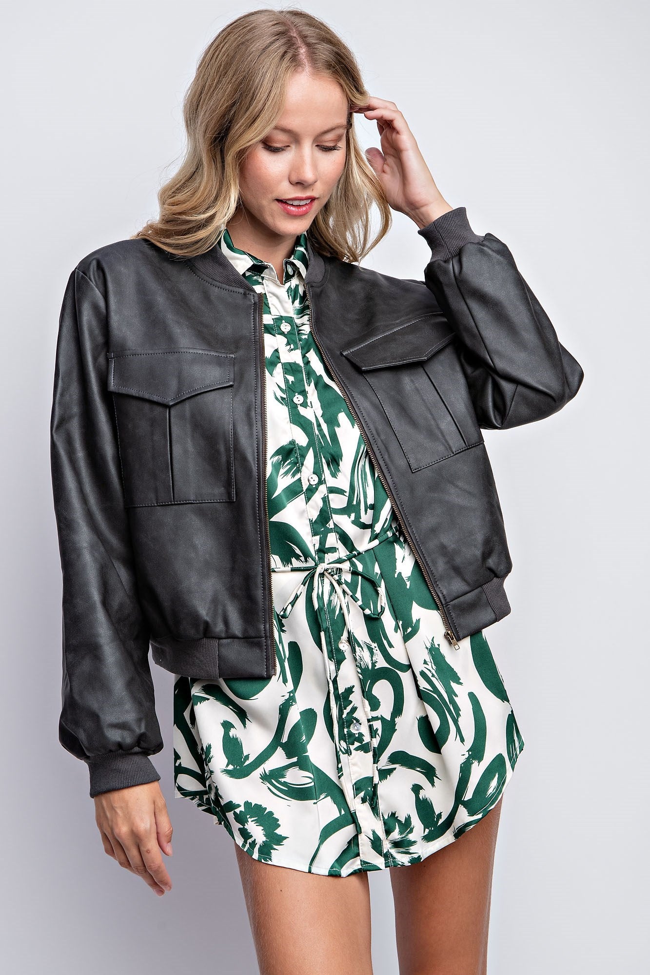 WASHED VEGAN LEATHER BOMBER JACKET