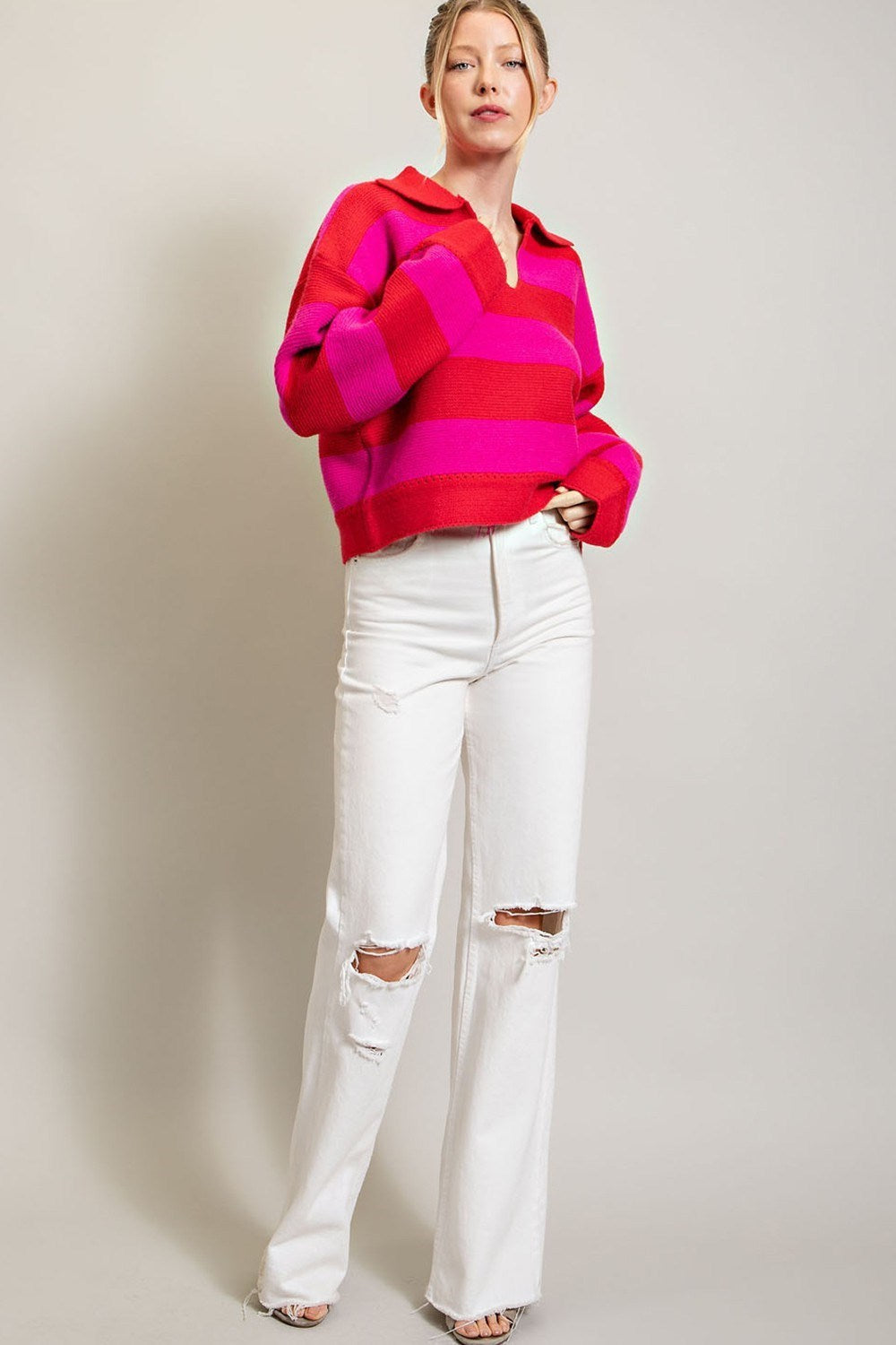 STRIPE COLLARED SWEATER TOP