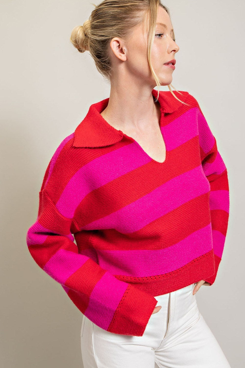 STRIPE COLLARED SWEATER TOP