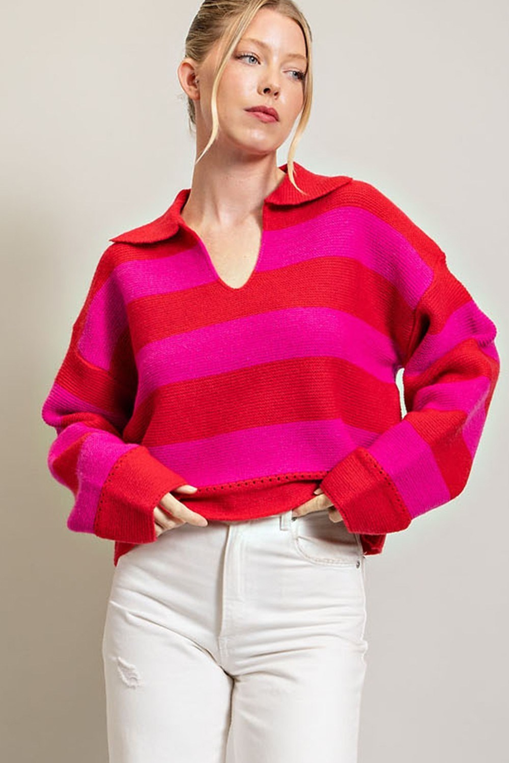 STRIPE COLLARED SWEATER TOP