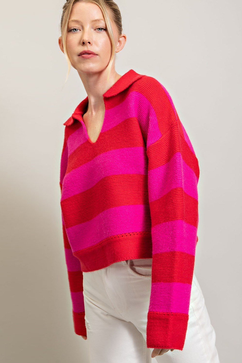 STRIPE COLLARED SWEATER TOP