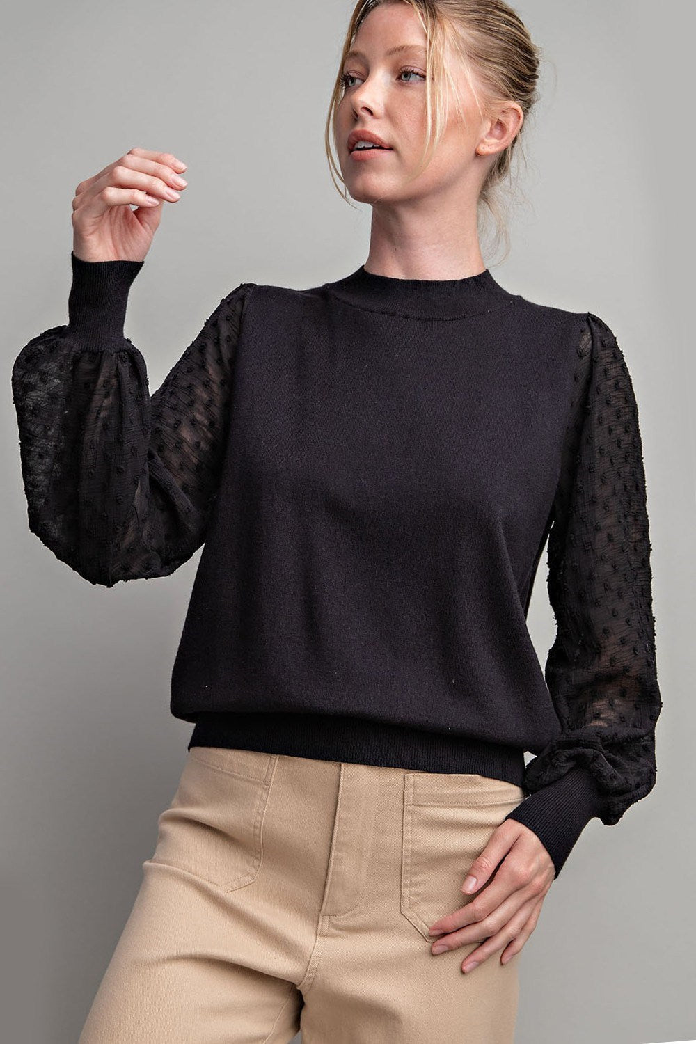 SHEER BUBBLE SLEEVE TOP