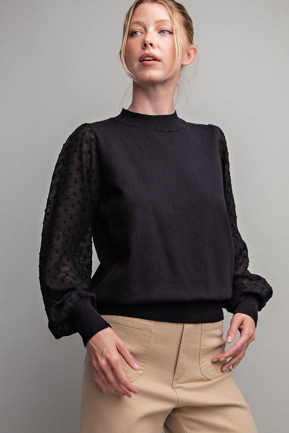 SHEER BUBBLE SLEEVE TOP