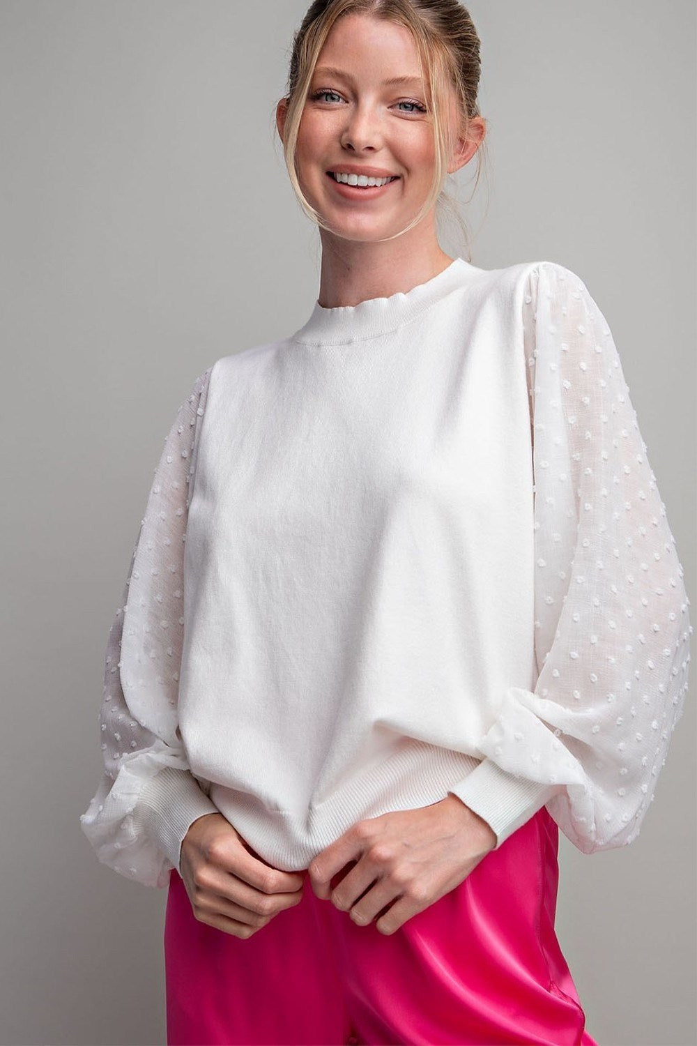 SHEER BUBBLE SLEEVE TOP