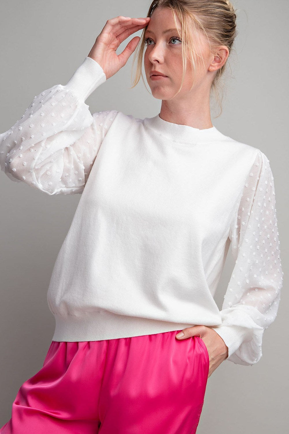 SHEER BUBBLE SLEEVE TOP